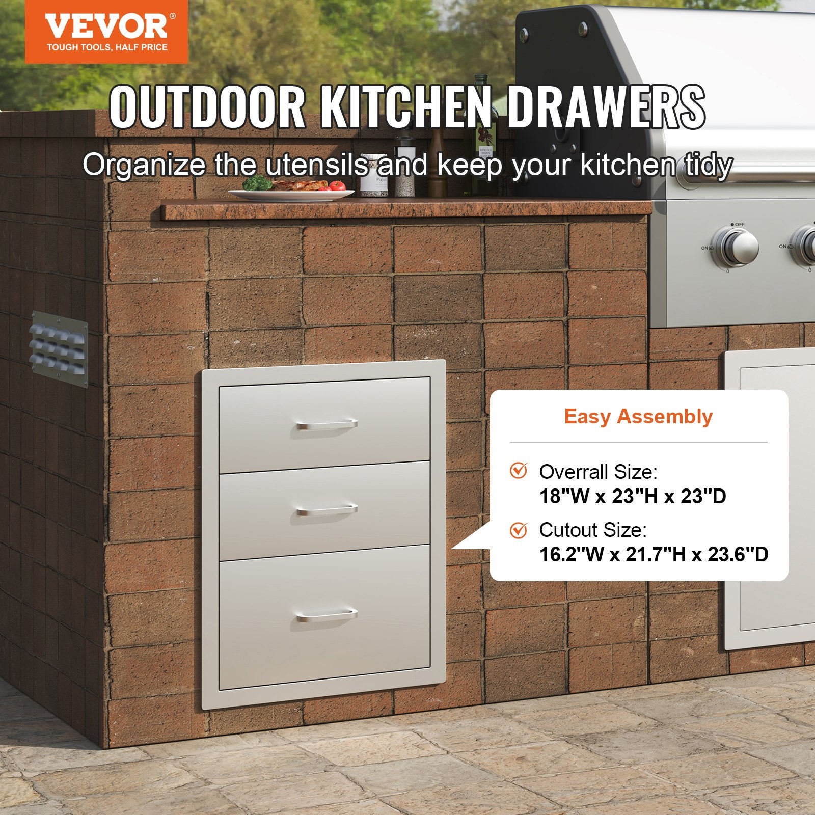 18x20.5 Inch Outdoor Kitchen Stainless Steel Triple Access BBQ Drawers with Chrome Handle, 18 x23 x 23 Inch