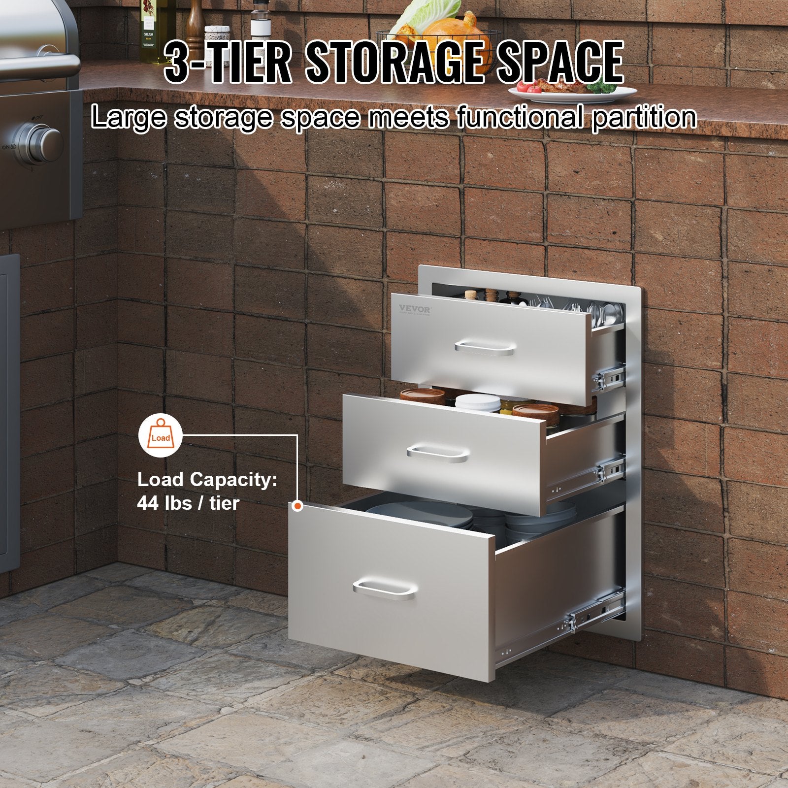 18x20.5 Inch Outdoor Kitchen Stainless Steel Triple Access BBQ Drawers with Chrome Handle, 18 x23 x 23 Inch