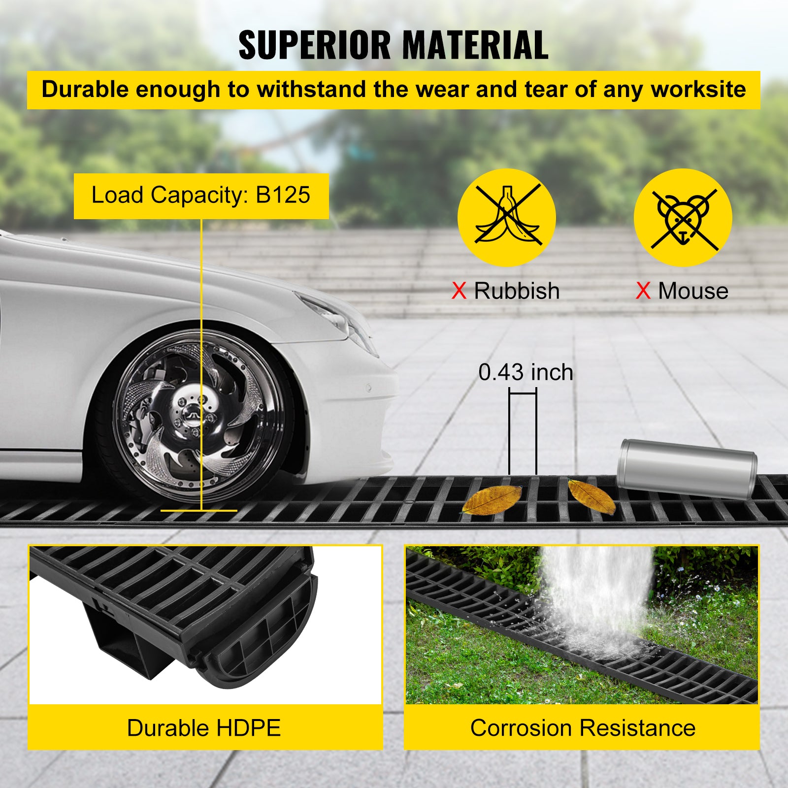 Trench Drain System, Channel Drain with Plastic Grate, 5.8x3.1-Inch HDPE Drainage Trench, Black Plastic Garage Floor Drain, 6x39 Trench Drain Grate, with 6 End Caps, for Garden, Driveway-6 Pack