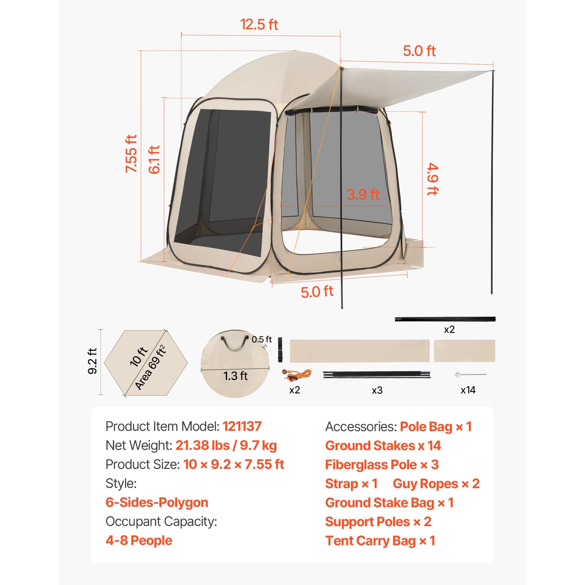 Screen House Tent, 10 x 9.2 ft, 4-8 Person Pop Up Screen Tent with Extended Awning, Portable Screened in Canopy with Carry Bag, Netting Sides, for Patio, Backyard, and Outdoor Activities, Beige