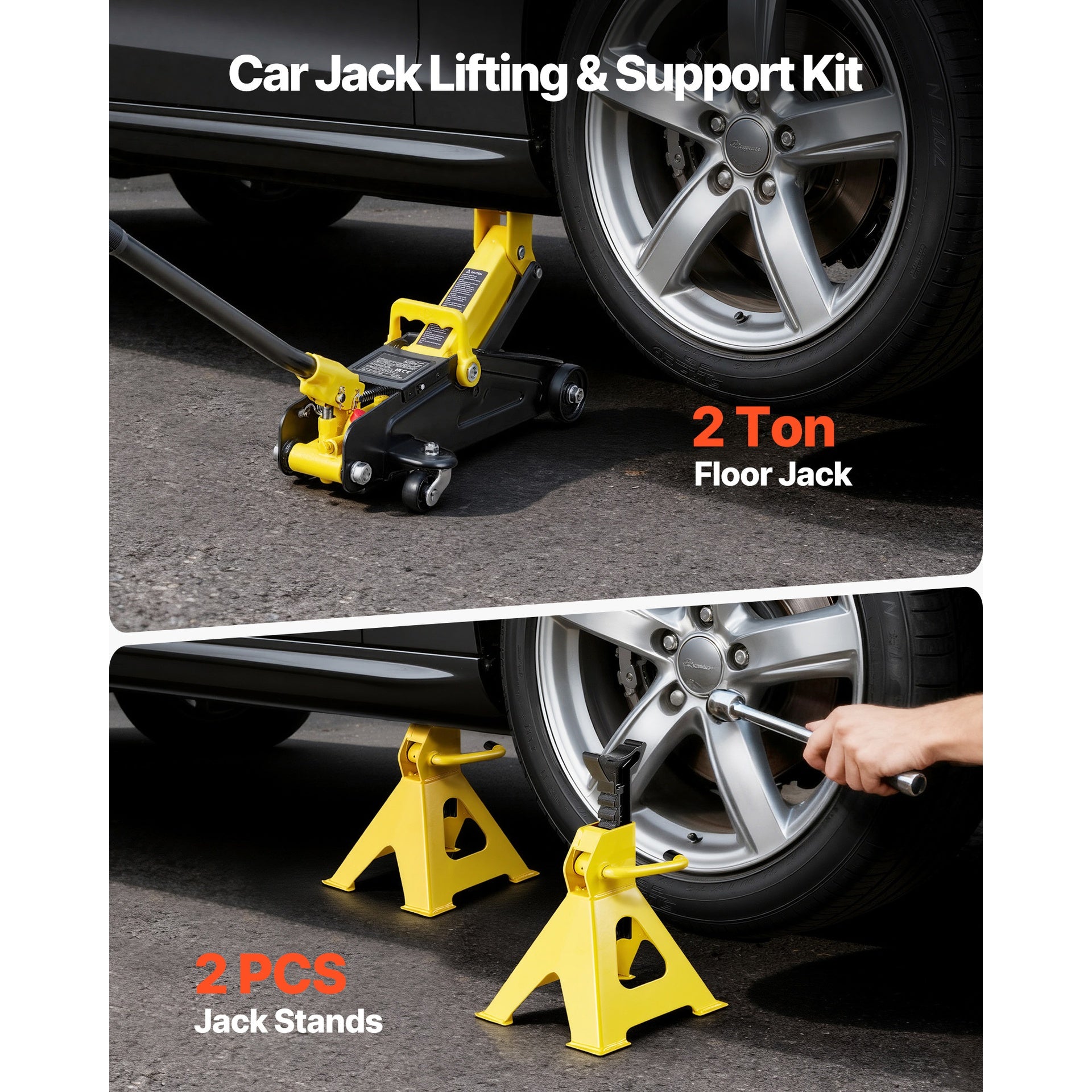 Low Profile Floor Jack, 2 Ton (4400 lbs) Capacity, Steel Racing Floor Jack with Stands, Single Piston Quick Lift Pump, Hydraulic Trolley Car Lift for Compact SUVs, Lifting Range 5.1-12.2 Inches