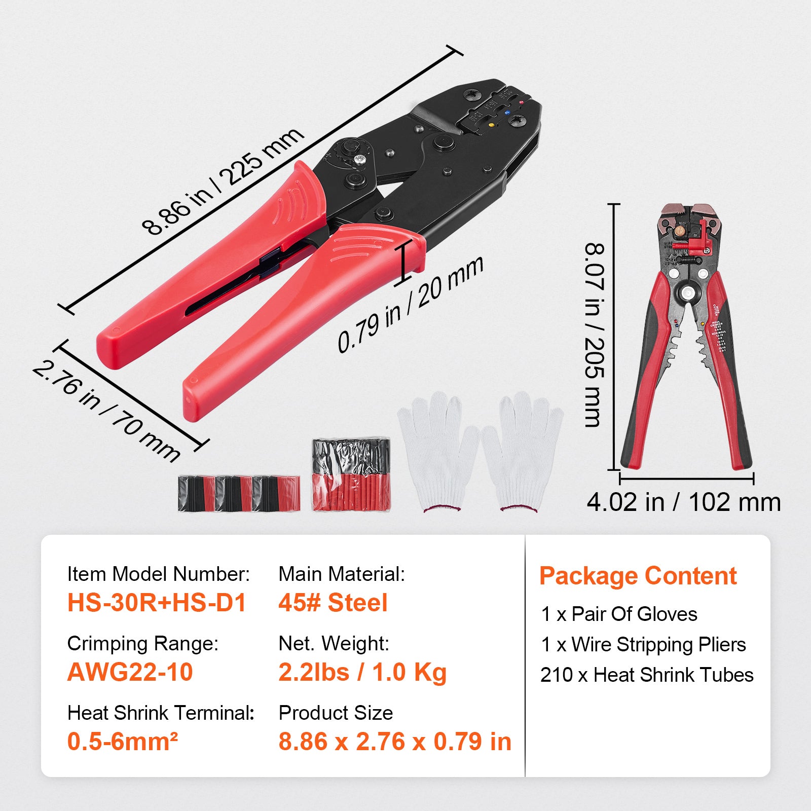 Ratcheting Crimping Tool Set For Insulated Electrical Connectors AWG22-10 with Wire Stripper and 210pcs Heat Shrink Tubes Labor-Saving Ratcheting Wire Crimp Pliers