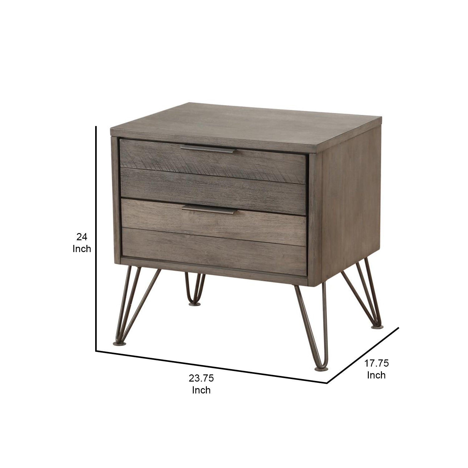Contemporary Solid Wood Night Stand with Metal Hairpin Legs, Grey