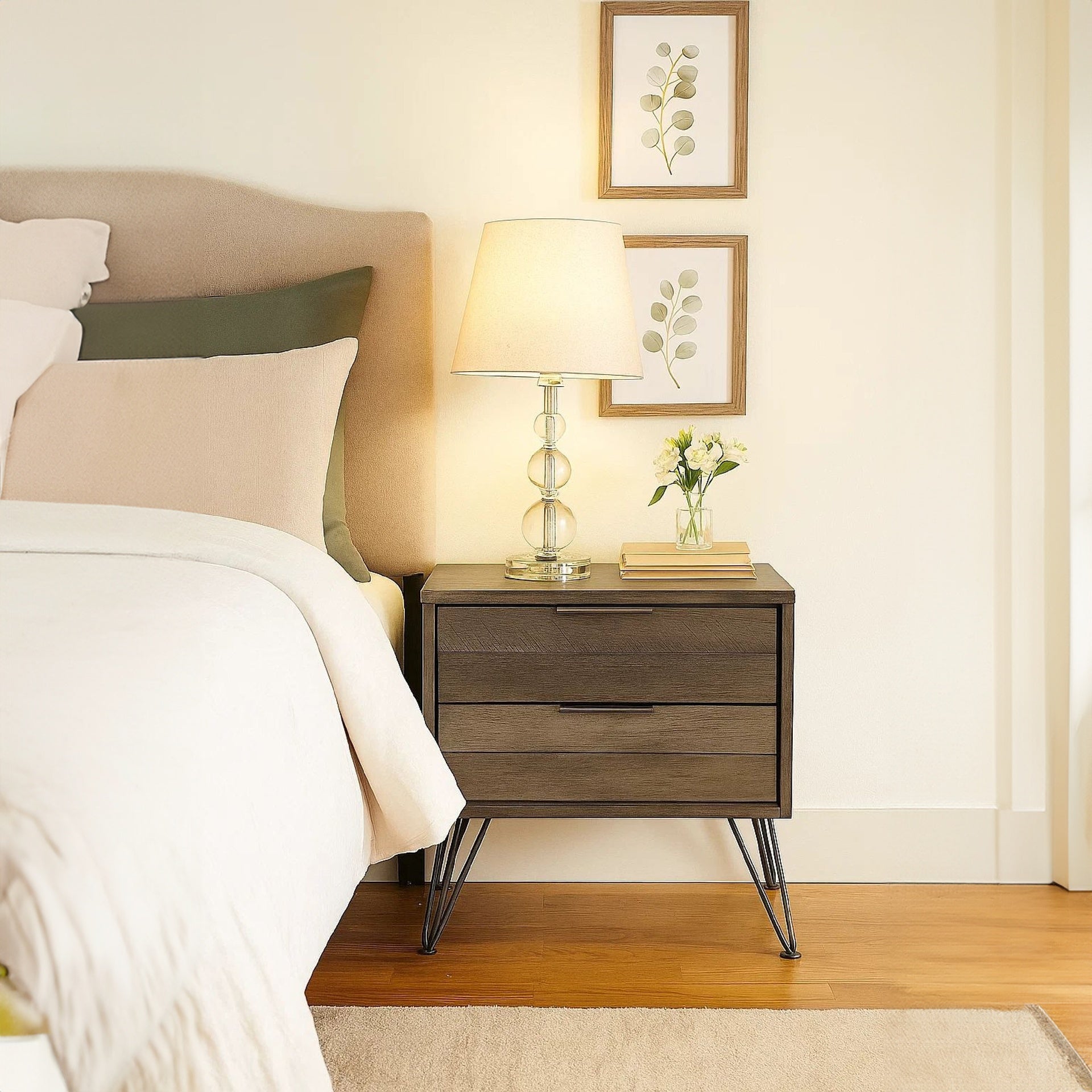 Contemporary Solid Wood Night Stand with Metal Hairpin Legs, Grey