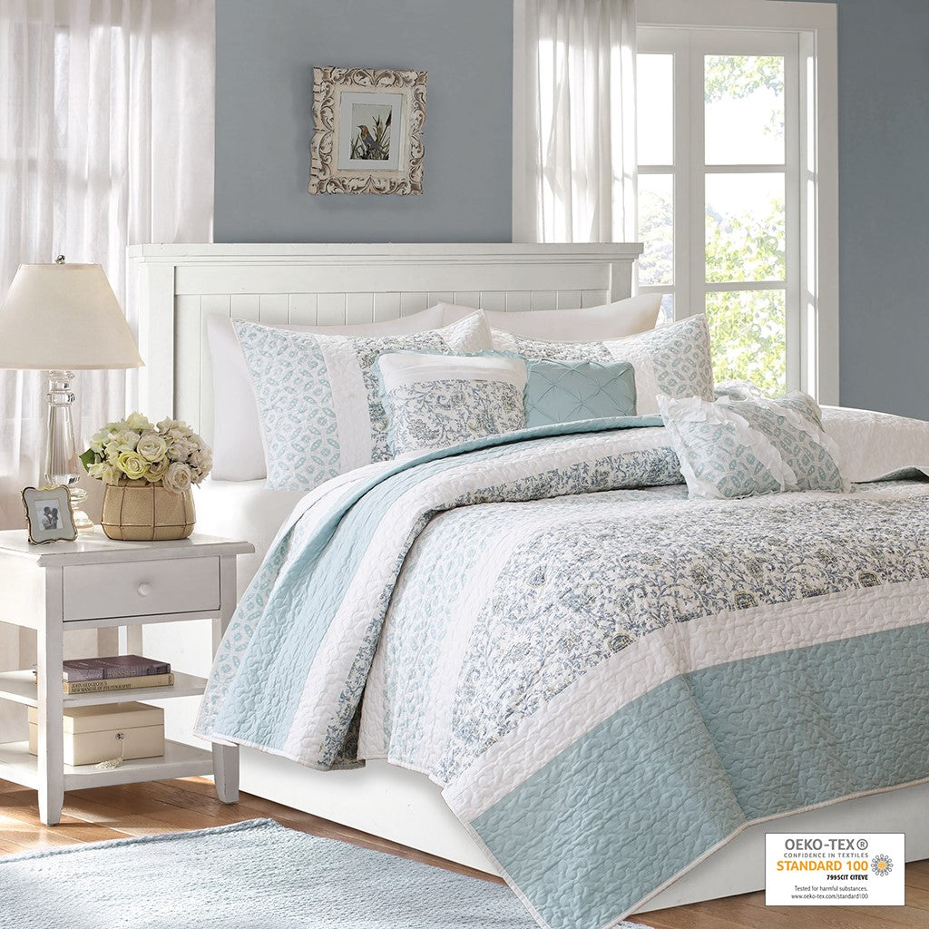 6 Piece Cotton Percale Quilt Set with Throw Pillows Aqua Full/Queen