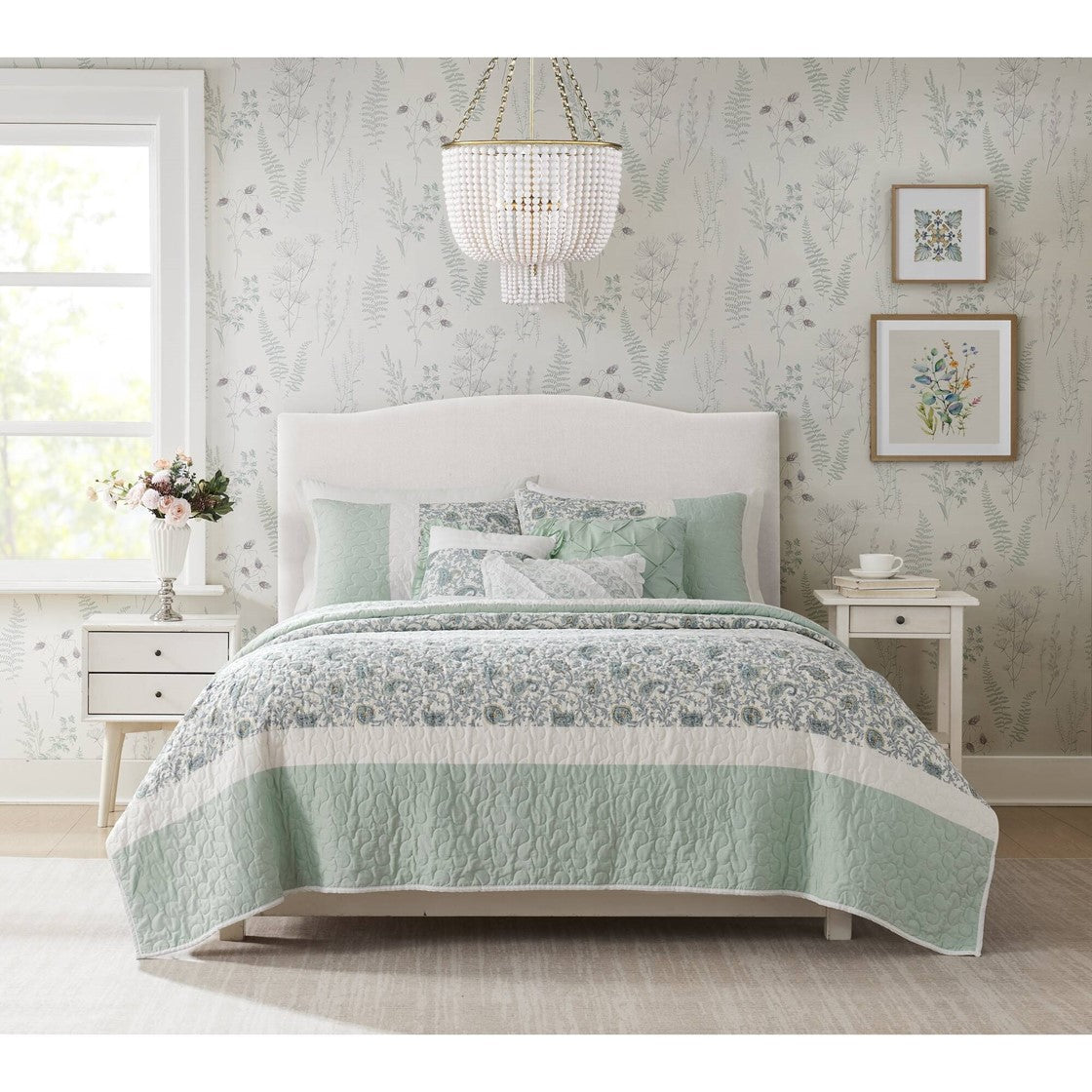 6 Piece Cotton Percale Quilt Set with Throw Pillows Aqua Full/Queen