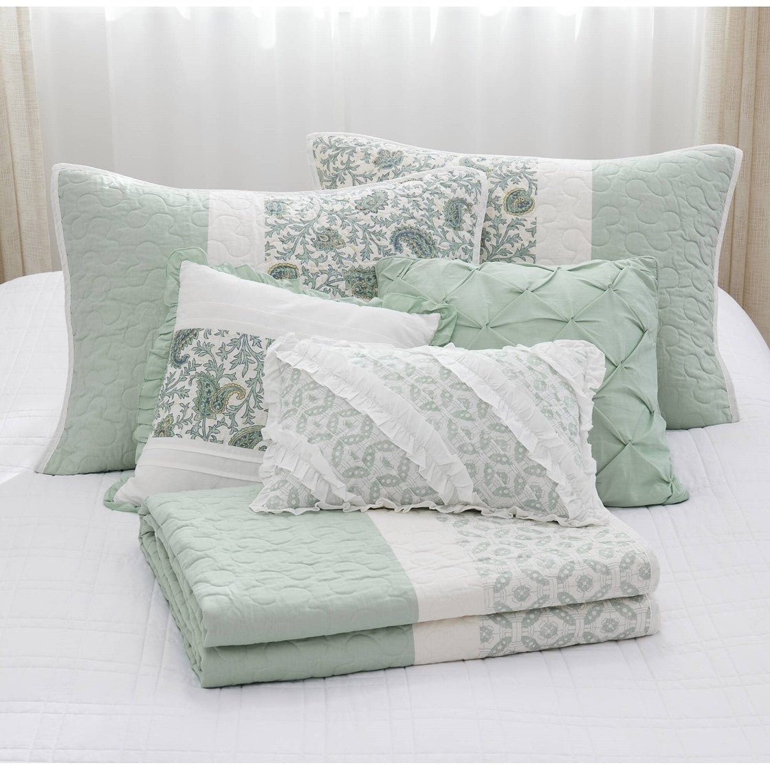 6 Piece Cotton Percale Quilt Set with Throw Pillows Aqua Full/Queen