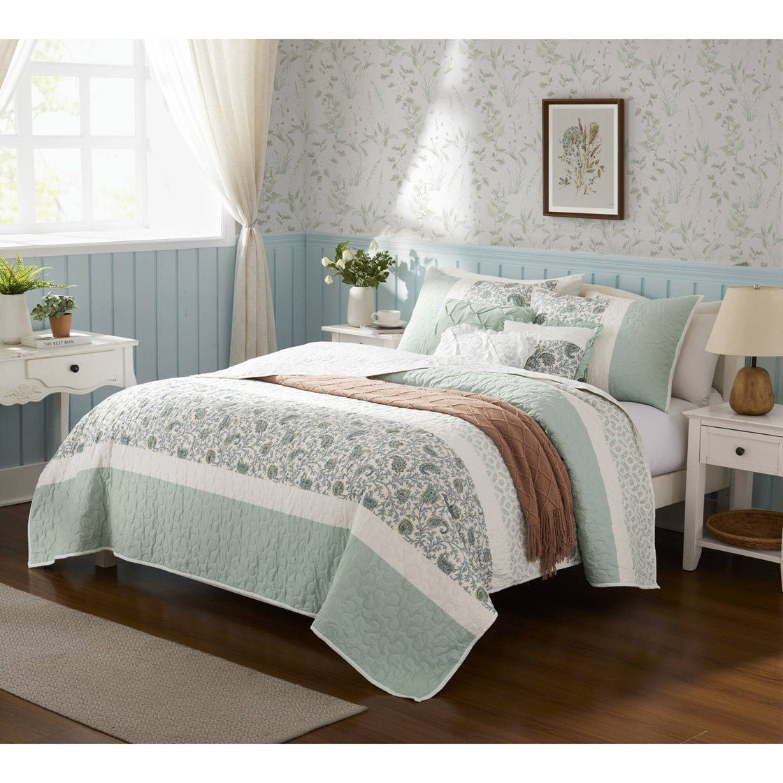 6 Piece Cotton Percale Quilt Set with Throw Pillows Aqua Full/Queen