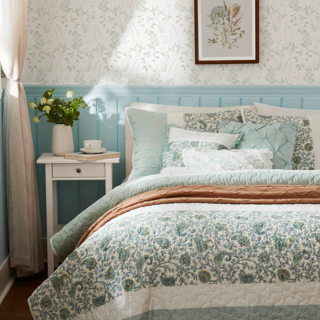 6 Piece Cotton Percale Quilt Set with Throw Pillows Aqua Full/Queen