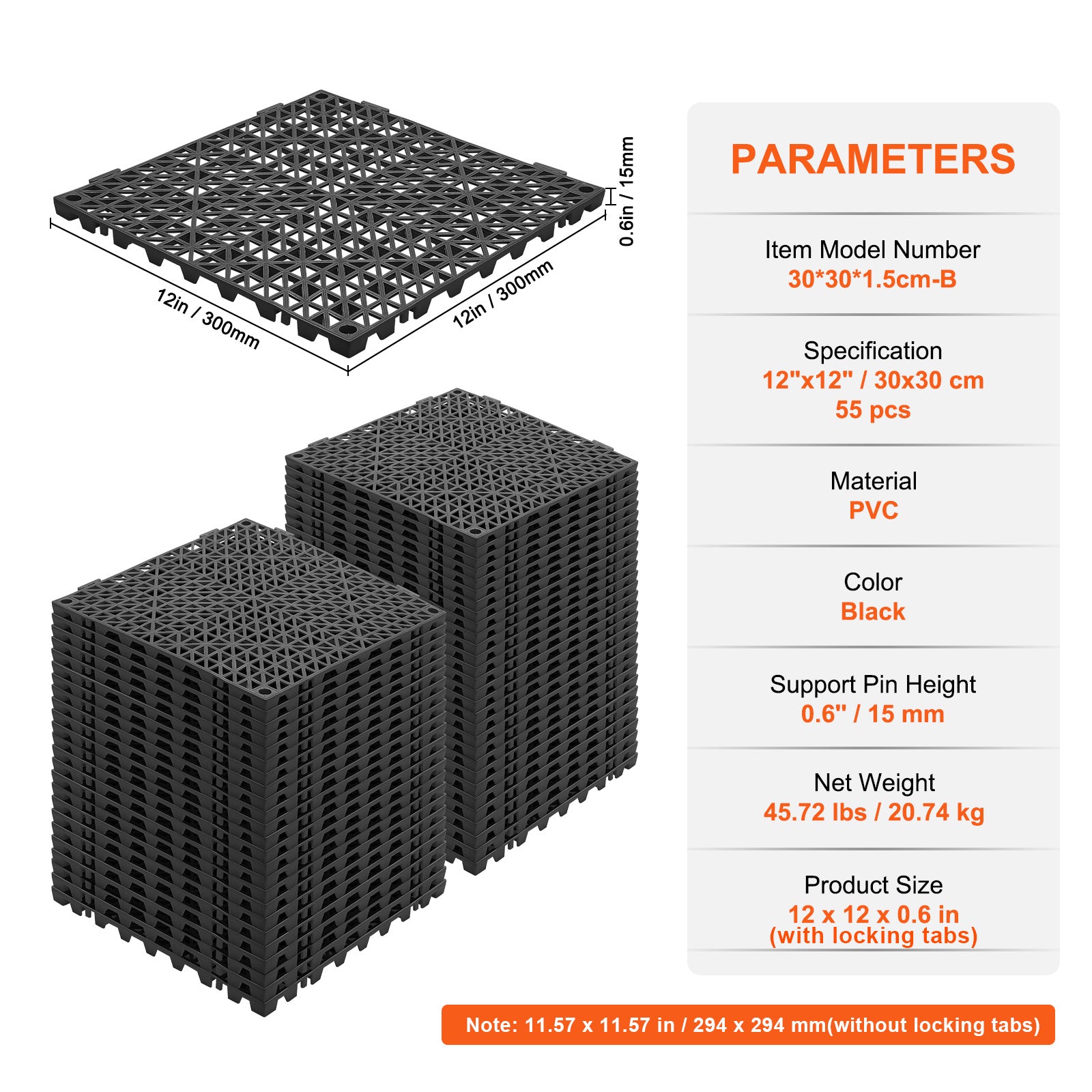 Interlocking Tile 55PCS Black, Drainage Tiles 12" x 12" Splicing, PVC Interlocking Drainage Floor Tiles, Non-Slip Drainage Holes for Restroom, Bathroom, Kitchen, Pool, Wet Areas