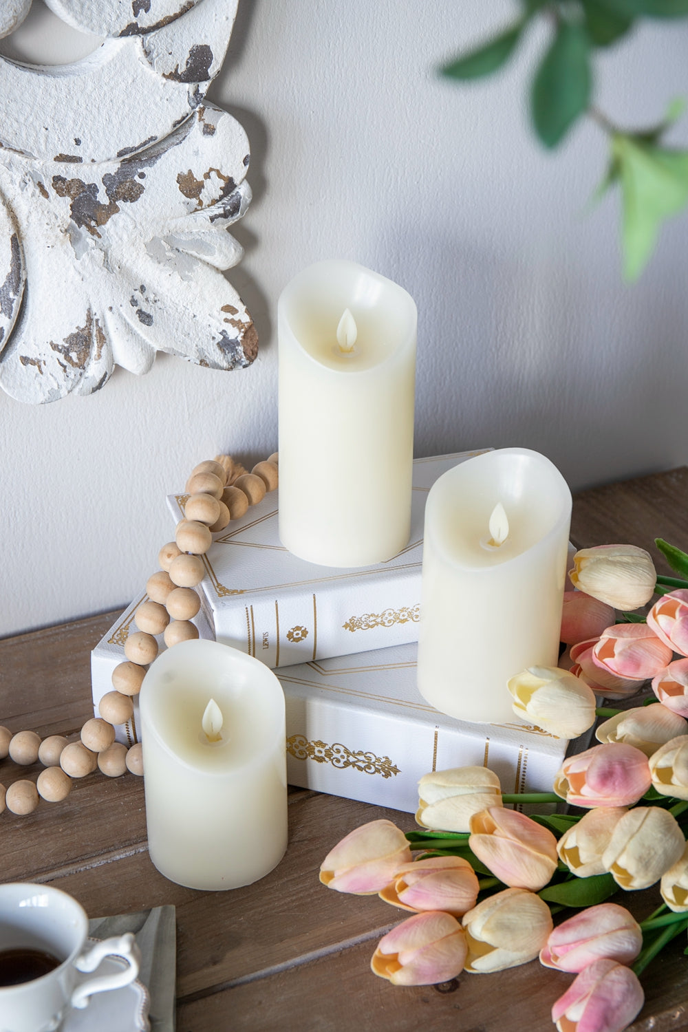 Set of 3 Flickering Ivory LED Candles with Remote Timer, L:D3X6" M:D3X5" S:D3X4"