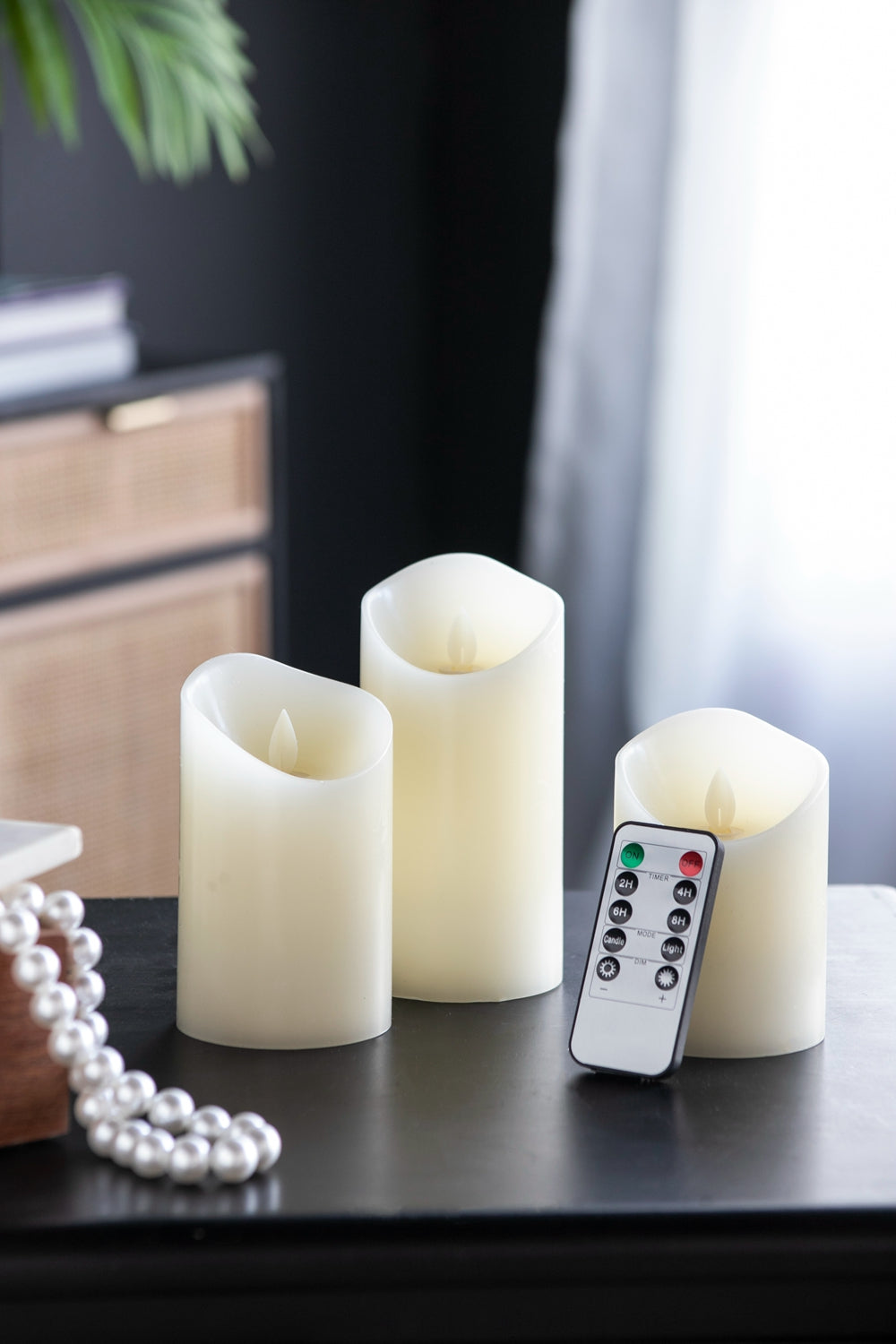 Set of 3 Flickering Ivory LED Candles with Remote Timer, L:D3X6" M:D3X5" S:D3X4"