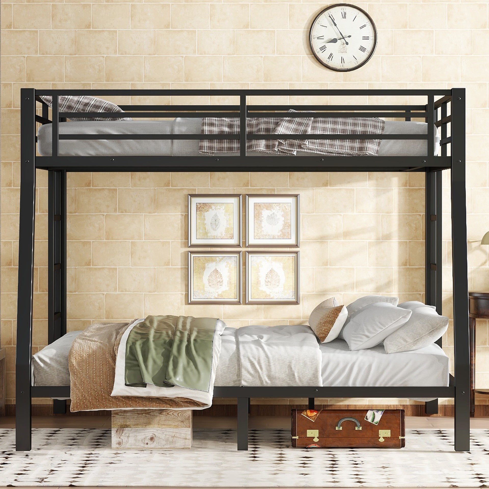 Metal Full XL over Queen Bunk Bed for Teens and Adults,Space-Saving/Noise Reduced/No Box Spring Needed,Black
