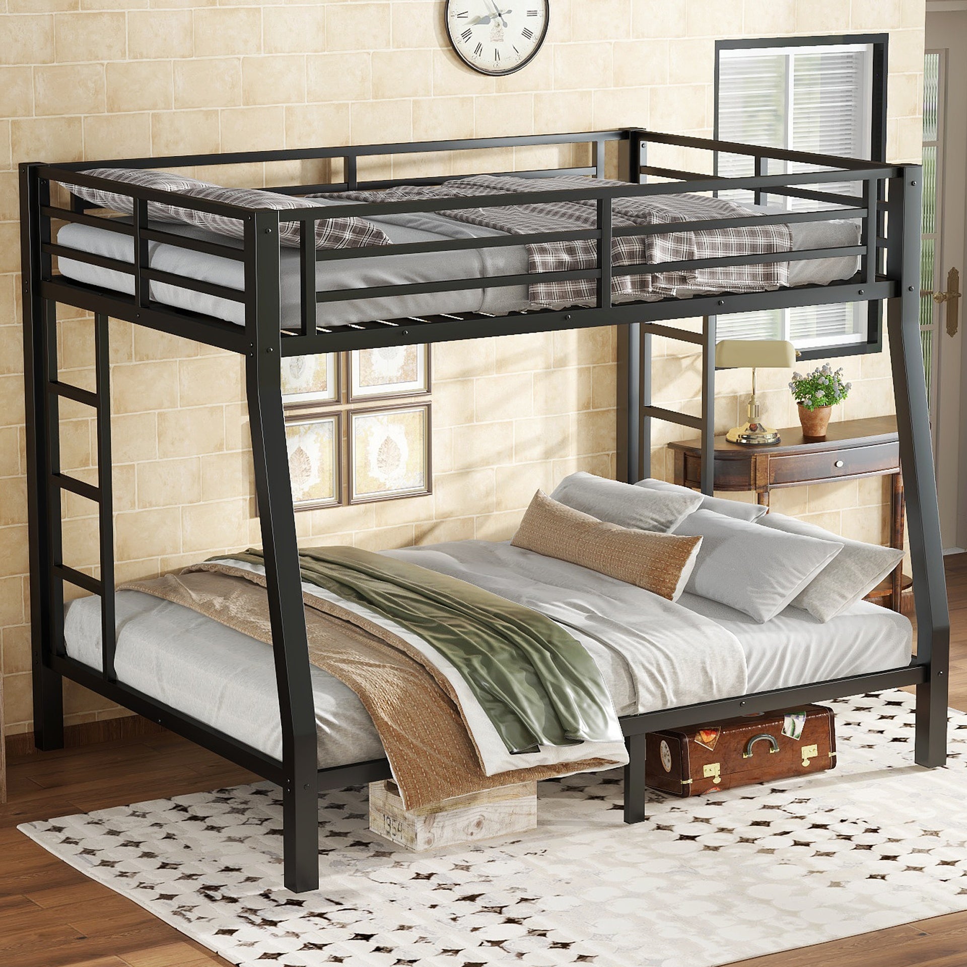 Metal Full XL over Queen Bunk Bed for Teens and Adults,Space-Saving/Noise Reduced/No Box Spring Needed,Black