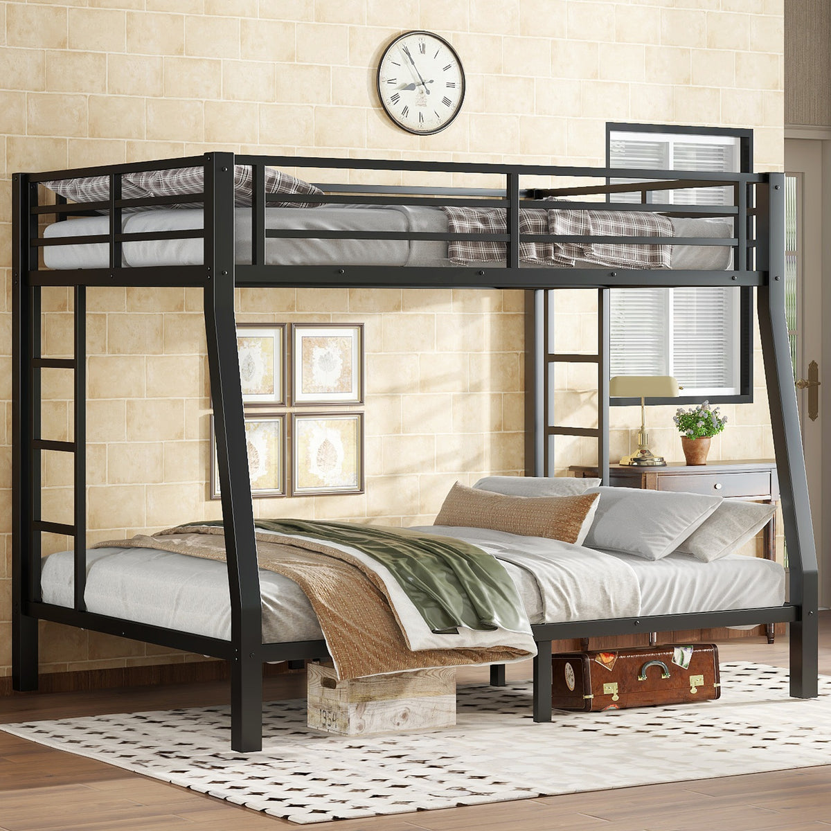 Metal Full XL over Queen Bunk Bed for Teens and Adults,Space-Saving/Noise Reduced/No Box Spring Needed,Black