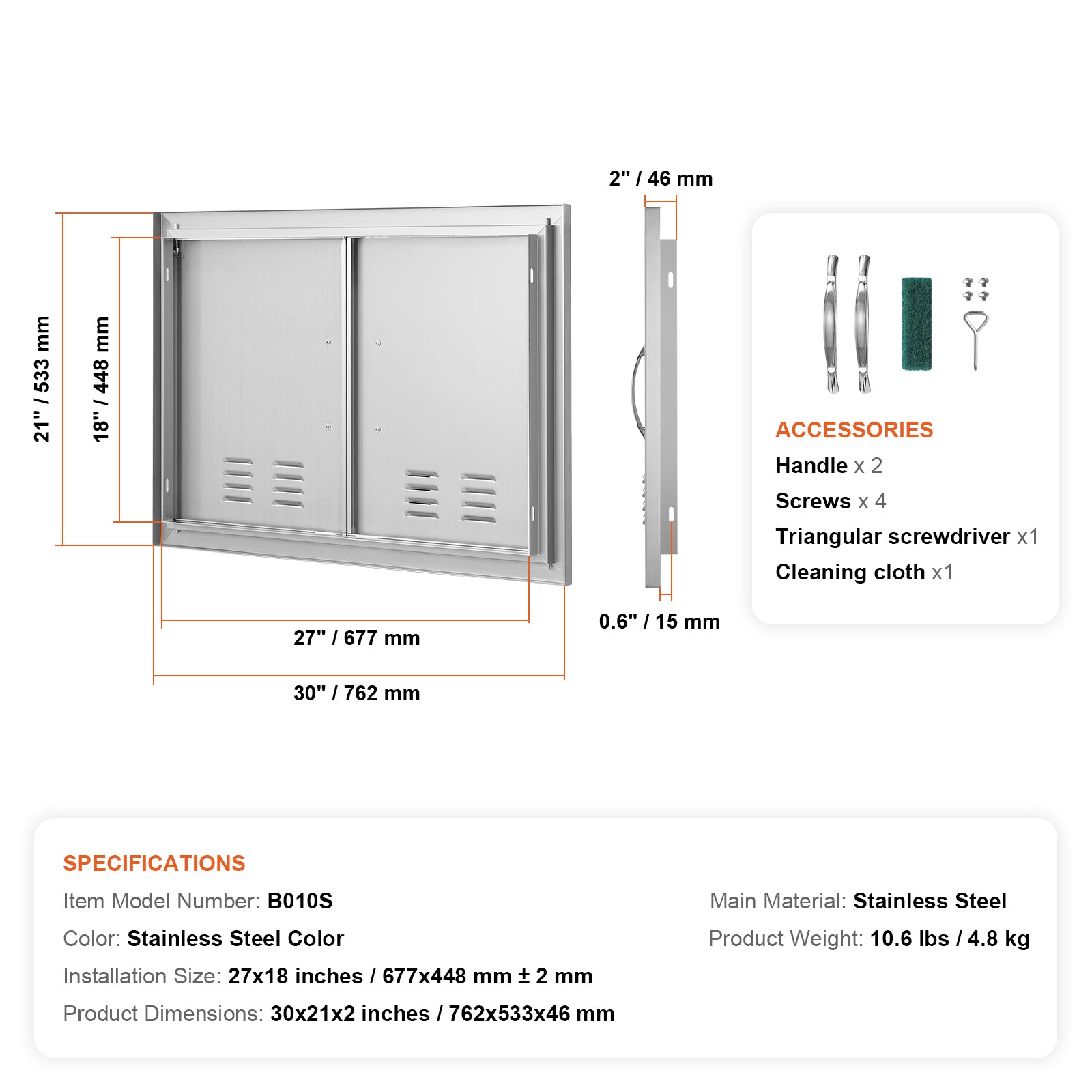 BBQ Access Door, 30W x 21H Inch Double Outdoor Kitchen Door, Stainless Steel Flush Mount Door, Wall Vertical Door with Handles and Vents, for BBQ Island, Grilling Station, Outside Cabinet