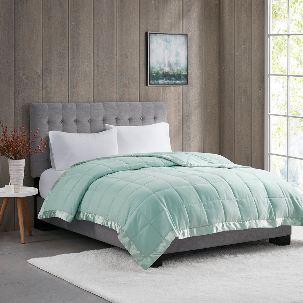 Lightweight Down Alternative Blanket with Satin Trim Seafoam Full/Queen