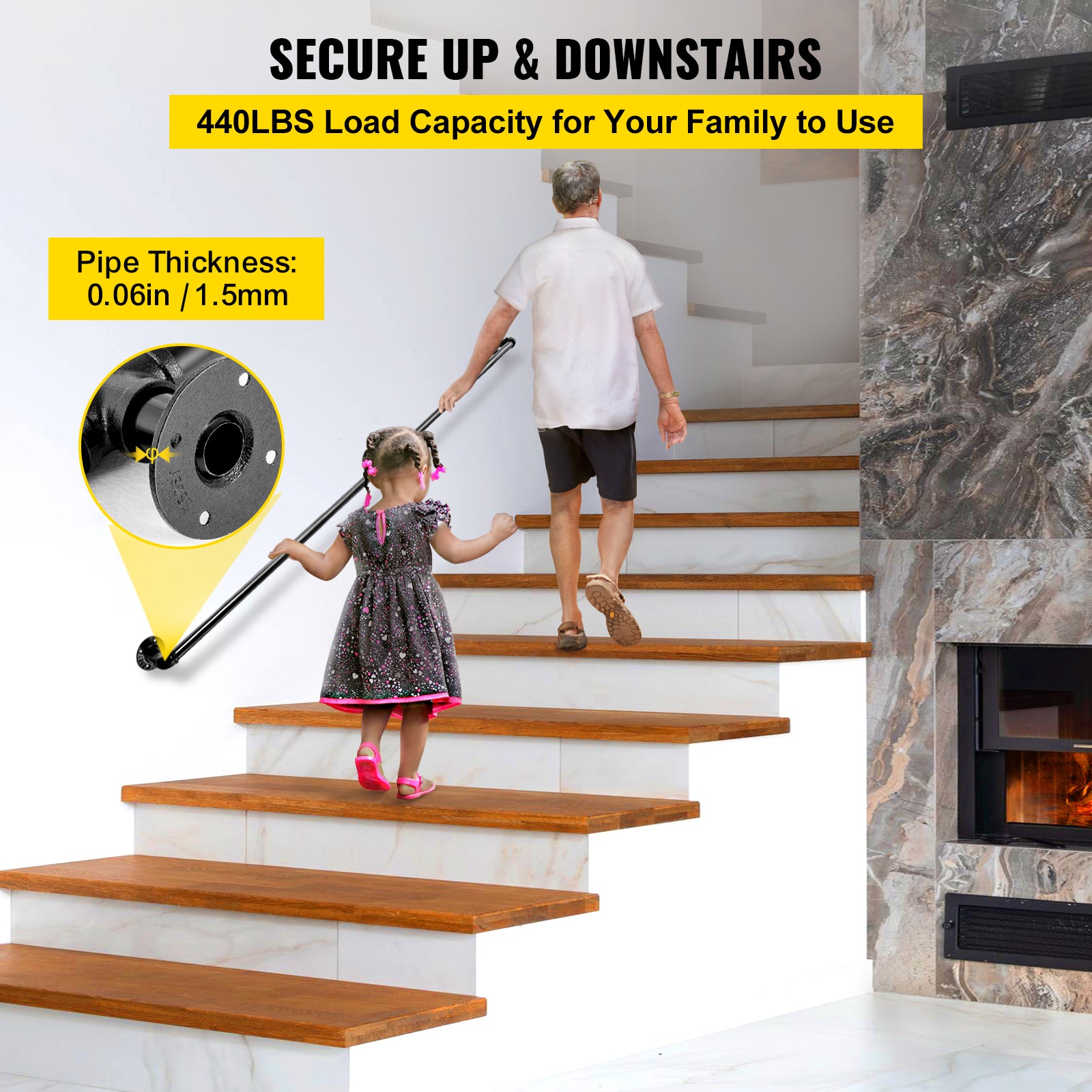 Pipe Stair Handrail, 6FT Staircase Handrail, 440LBS Load Capacity Carbon Steel Pipe Handrail, Industrial Pipe Handrail with Wall Mount Support, Round Corner Wall Handrailings for Indoor, Outdoor