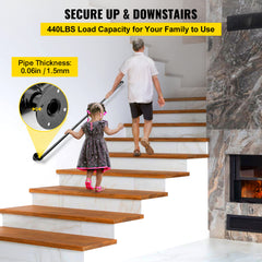 Pipe Stair Handrail, 6FT Staircase Handrail, 440LBS Load Capacity Carbon Steel Pipe Handrail, Industrial Pipe Handrail with Wall Mount Support, Round Corner Wall Handrailings for Indoor, Outdoor