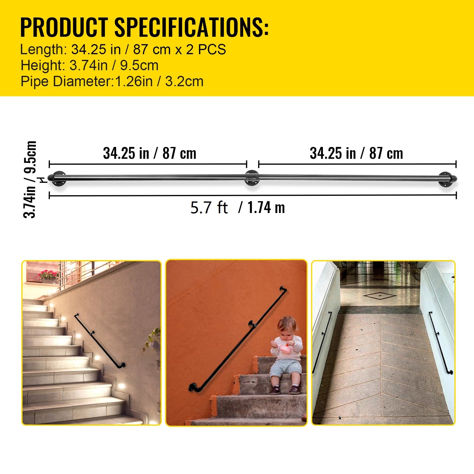 Pipe Stair Handrail, 6FT Staircase Handrail, 440LBS Load Capacity Carbon Steel Pipe Handrail, Industrial Pipe Handrail with Wall Mount Support, Round Corner Wall Handrailings for Indoor, Outdoor