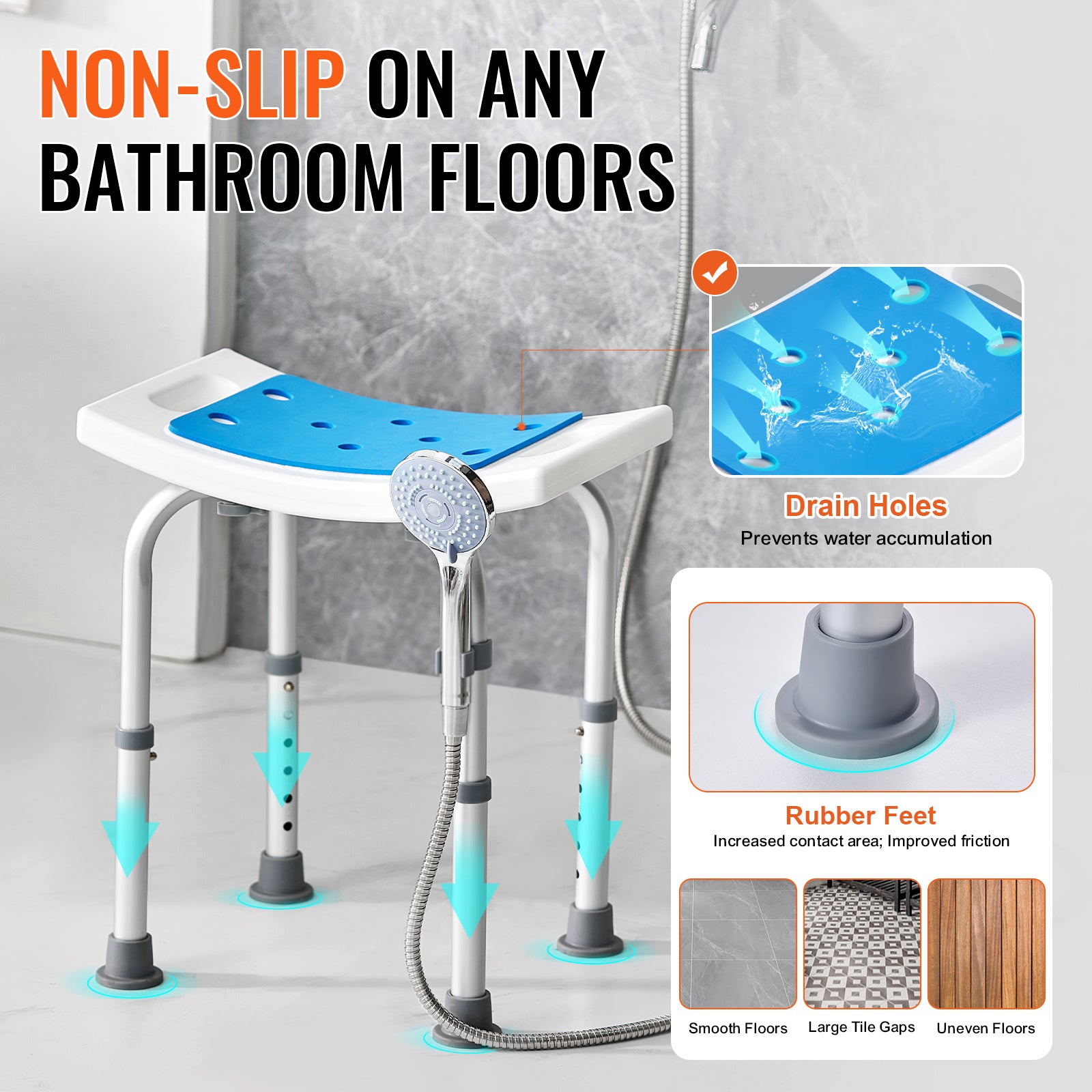 Shower Chair, Adjustable Height Shower Stool, Shower Seat for Inside Shower or Tub, Non-Slip Bench Bathtub Stool Seat for Elderly Disabled Handicap, 350 LBS Capacity