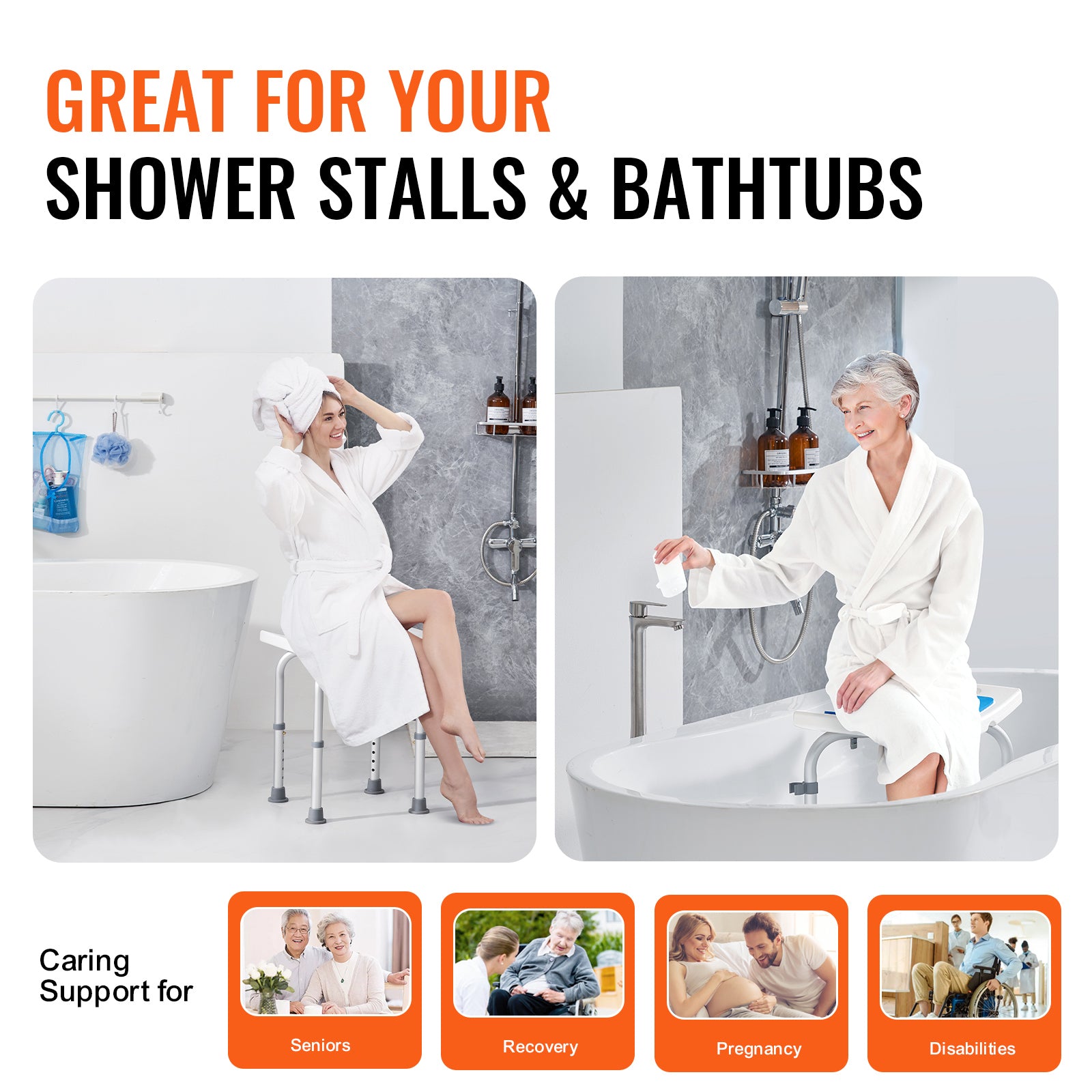 Shower Chair, Adjustable Height Shower Stool, Shower Seat for Inside Shower or Tub, Non-Slip Bench Bathtub Stool Seat for Elderly Disabled Handicap, 350 LBS Capacity