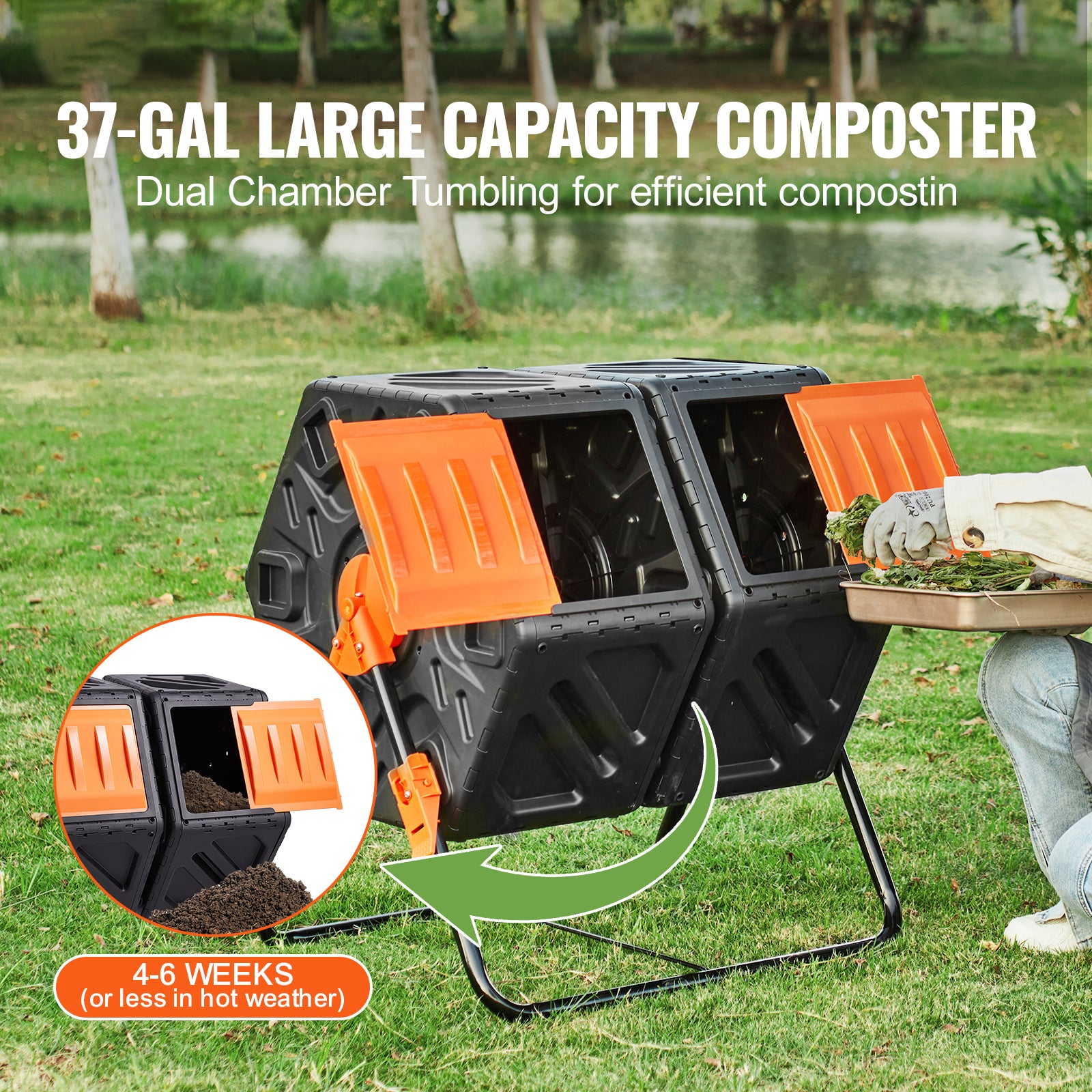 Compost Bin, 37-Gal Dual Chamber Composting Tumbler, High Volume Two Rotating Chambers with 2 Sliding Door and Steel Frame, BPA Free Composter Bin Tumbler for Garden, Kitchen, Yard, Outdoor