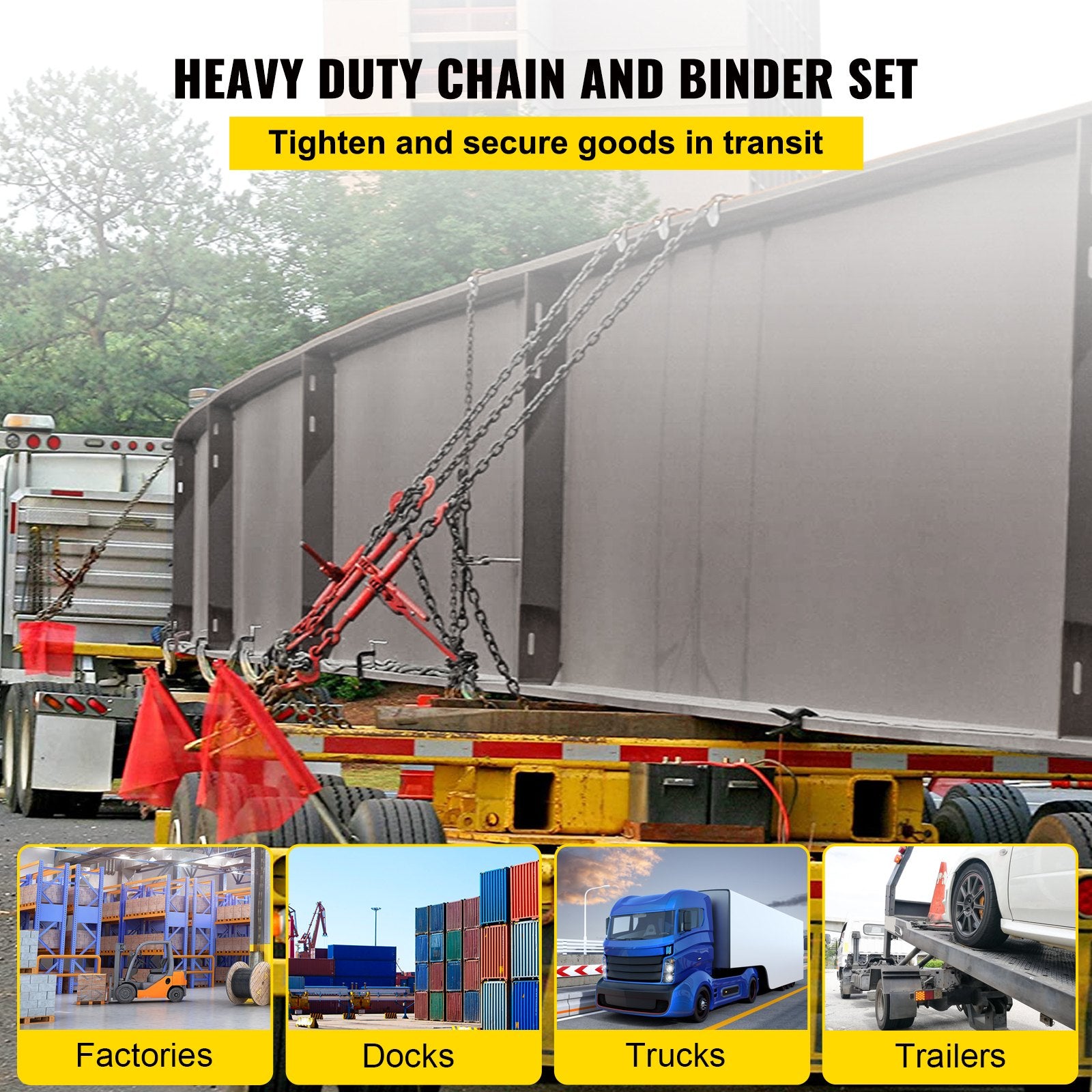 Chain Load Binder, 5/16" Tie Down Kit w/ 6600LBS Working Load Capacity and Two Grab Hooks, Includes (4) Ratchet Binders - (4) 21' Grade 80 Chains, Transport Load Package for Hauling, Towing