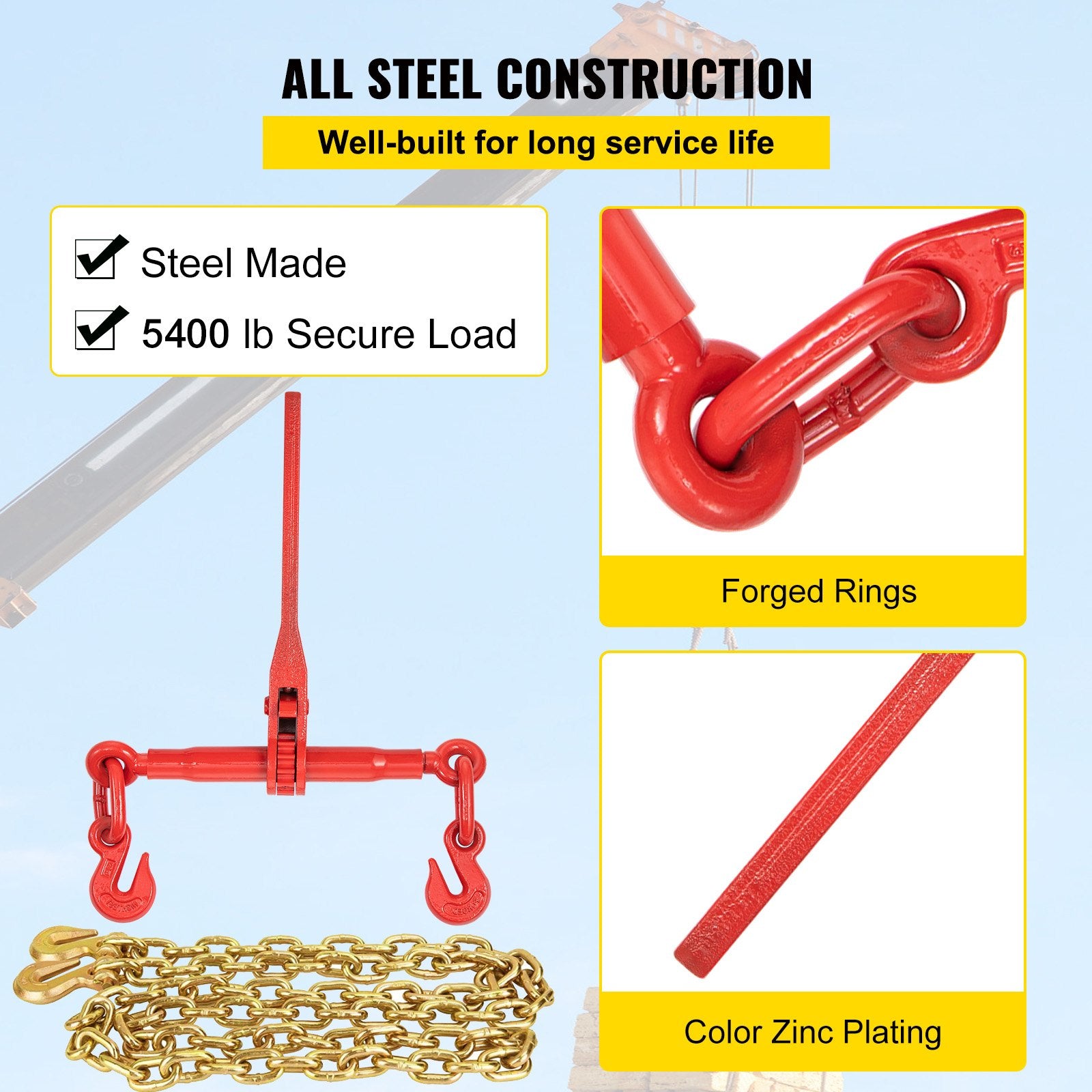 Chain Load Binder, 5/16" Tie Down Kit w/ 6600LBS Working Load Capacity and Two Grab Hooks, Includes (4) Ratchet Binders - (4) 21' Grade 80 Chains, Transport Load Package for Hauling, Towing