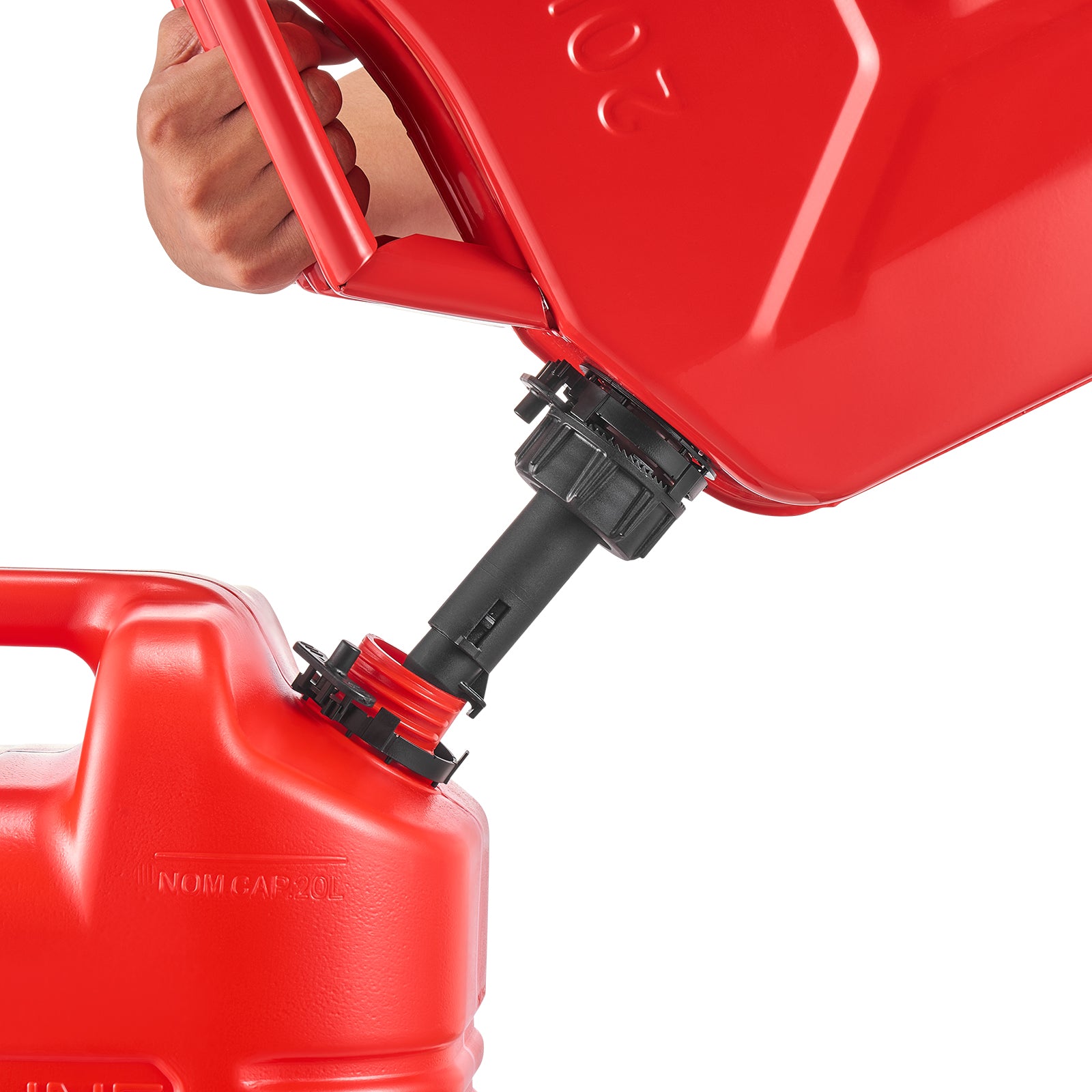 Metal Fuel Container, 5.3 Gallon, Fuel Jerry Can with Spout and Comfort Handle, 6 L/min Max Flow Rate, Leakproof & Corrosion-resistant Metal Gas Tank Most Cars Motorcycle ATV UTV, Red, 2 Packs