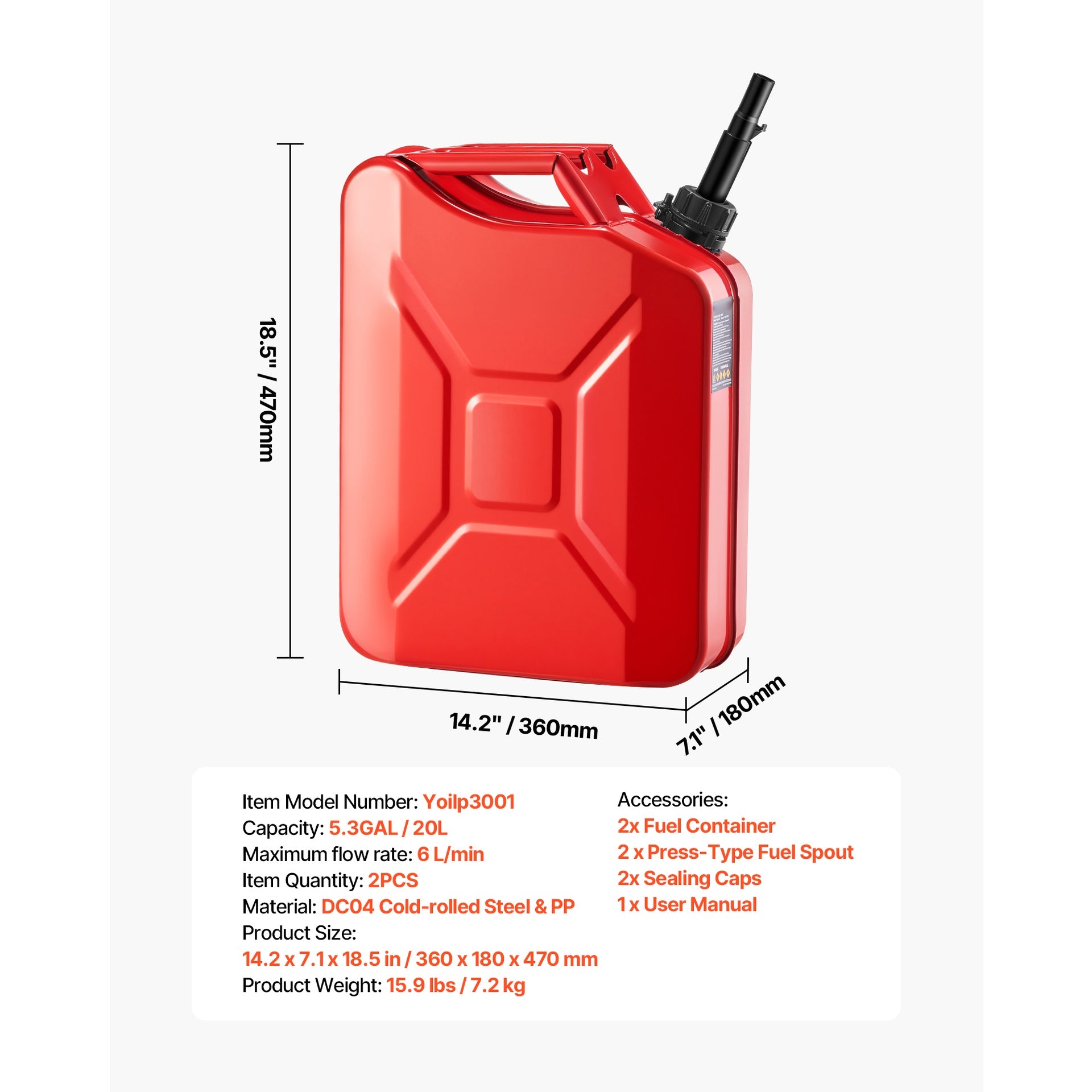 Metal Fuel Container, 5.3 Gallon, Fuel Jerry Can with Spout and Comfort Handle, 6 L/min Max Flow Rate, Leakproof & Corrosion-resistant Metal Gas Tank Most Cars Motorcycle ATV UTV, Red, 2 Packs