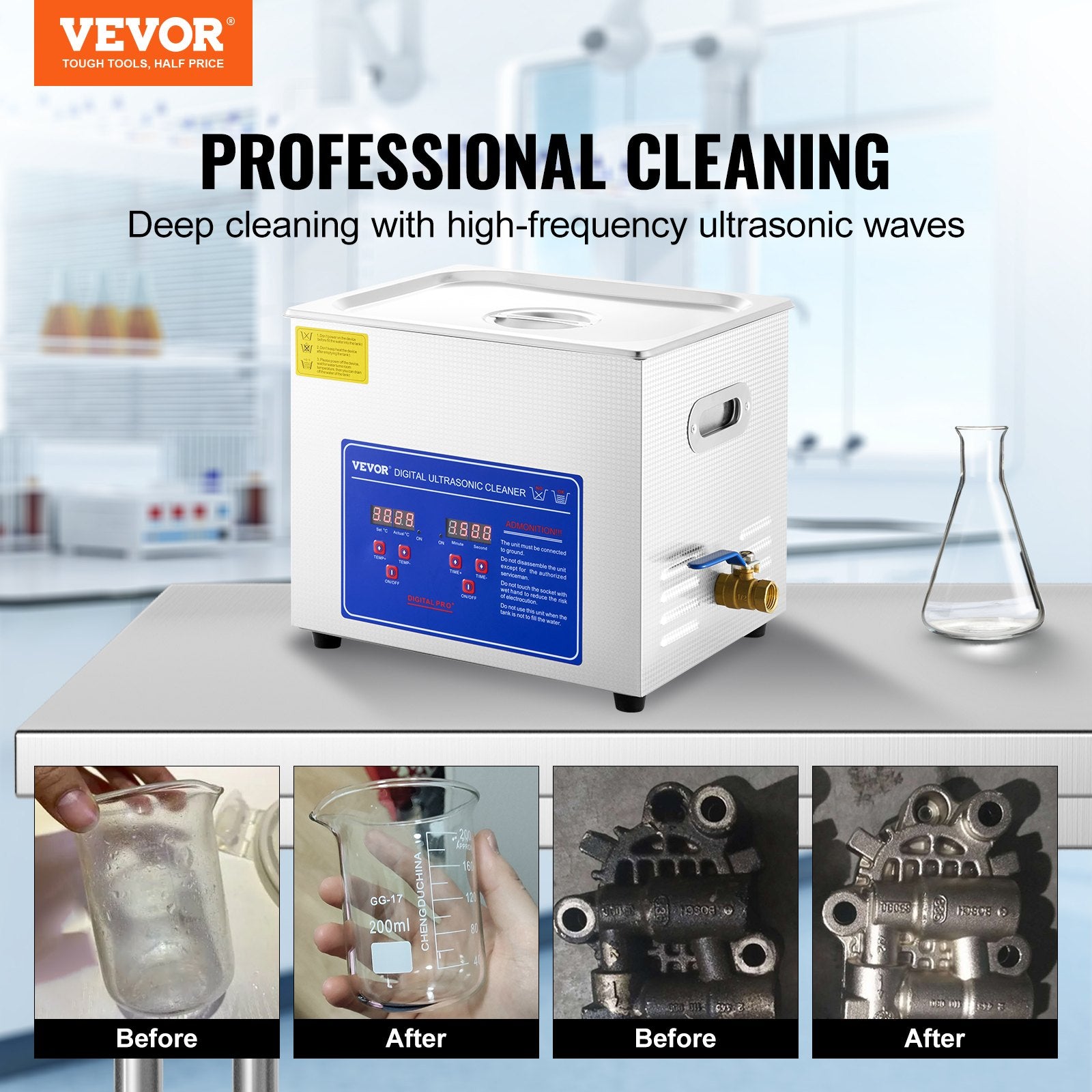 Professional Ultrasonic Cleaner, 10L Ultrasonic Jewelry Cleaner with Digital Timer & Heater, Stainless Steel Industrial Sonic Cleaner 40kHz for Glasses, Watches, Rings, Small Parts