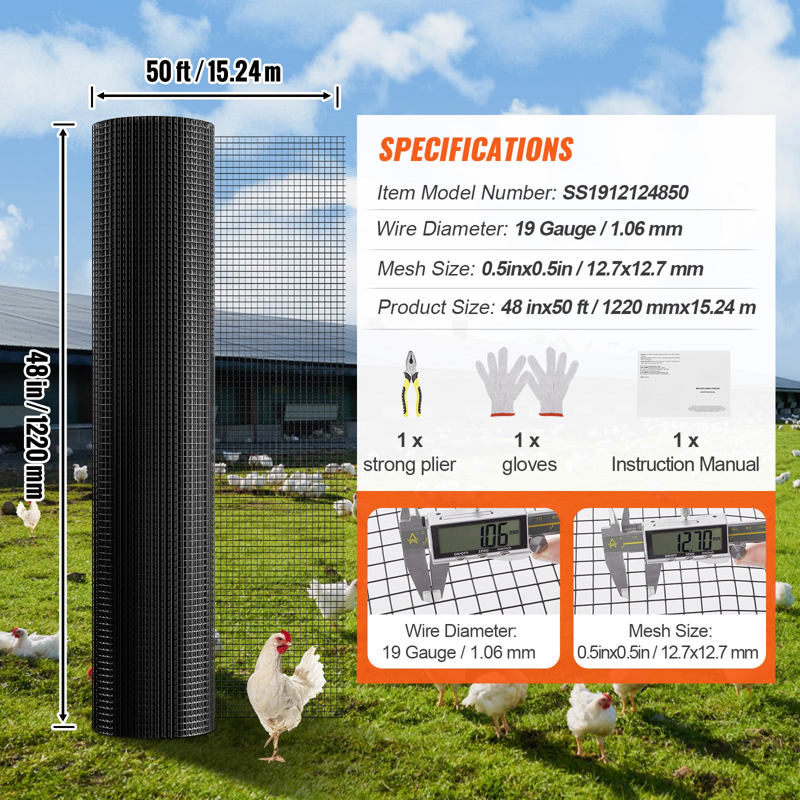 Hardware Cloth, 48'' x 50' Galvanized Wire Mesh Roll, 19 Gauge Chicken Wire Fence Roll, Vinyl Coating Metal Wire Mesh for Chicken Coop Barrier, Rabbit Snake Fences, Poultry Enclosures