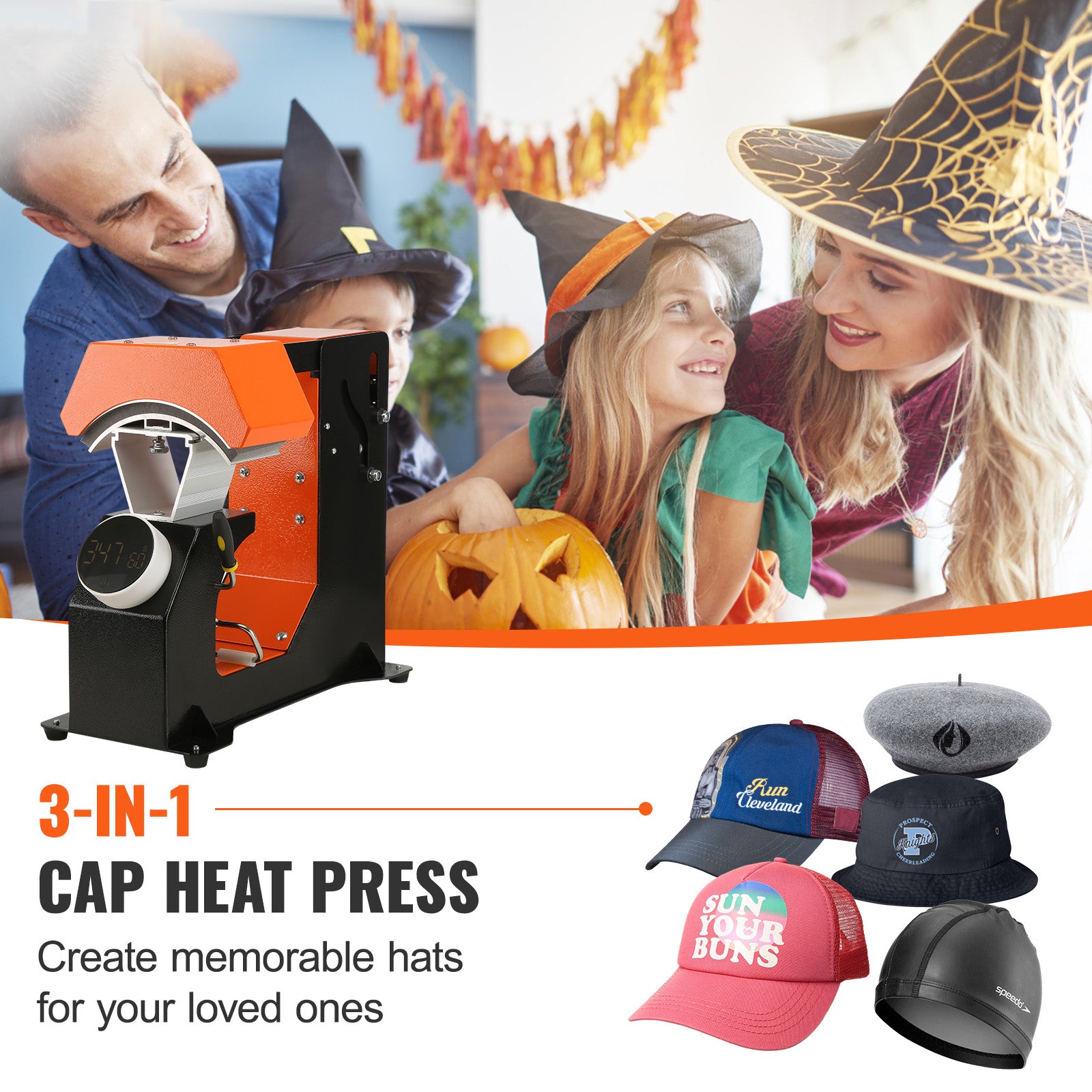 3-in-1 Auto Hat Heat Press with 3pcs Interchangeable Platens(6.6" x 2.7", 6.6" x 3.8", 6.1" x 3"), Automatic Release&Press Knob-Style Digital Control Panel, Heat Transfer Printing for Caps