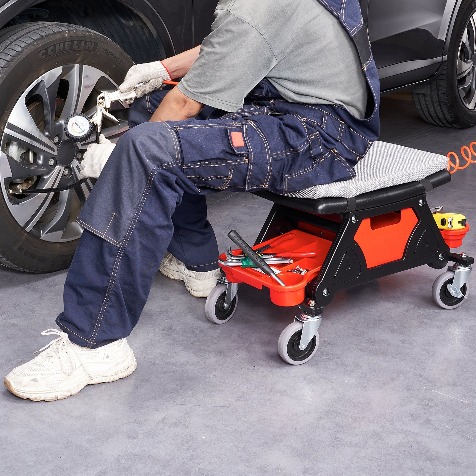 Mechanics Stool, 300 LBS Capacity Rolling Mechanic Seat with 4" Wheels, with Three Slide Out Tool Trays and Drawer, Heavy Duty Roller Creeper Seat for Home Garage DIY Automotive