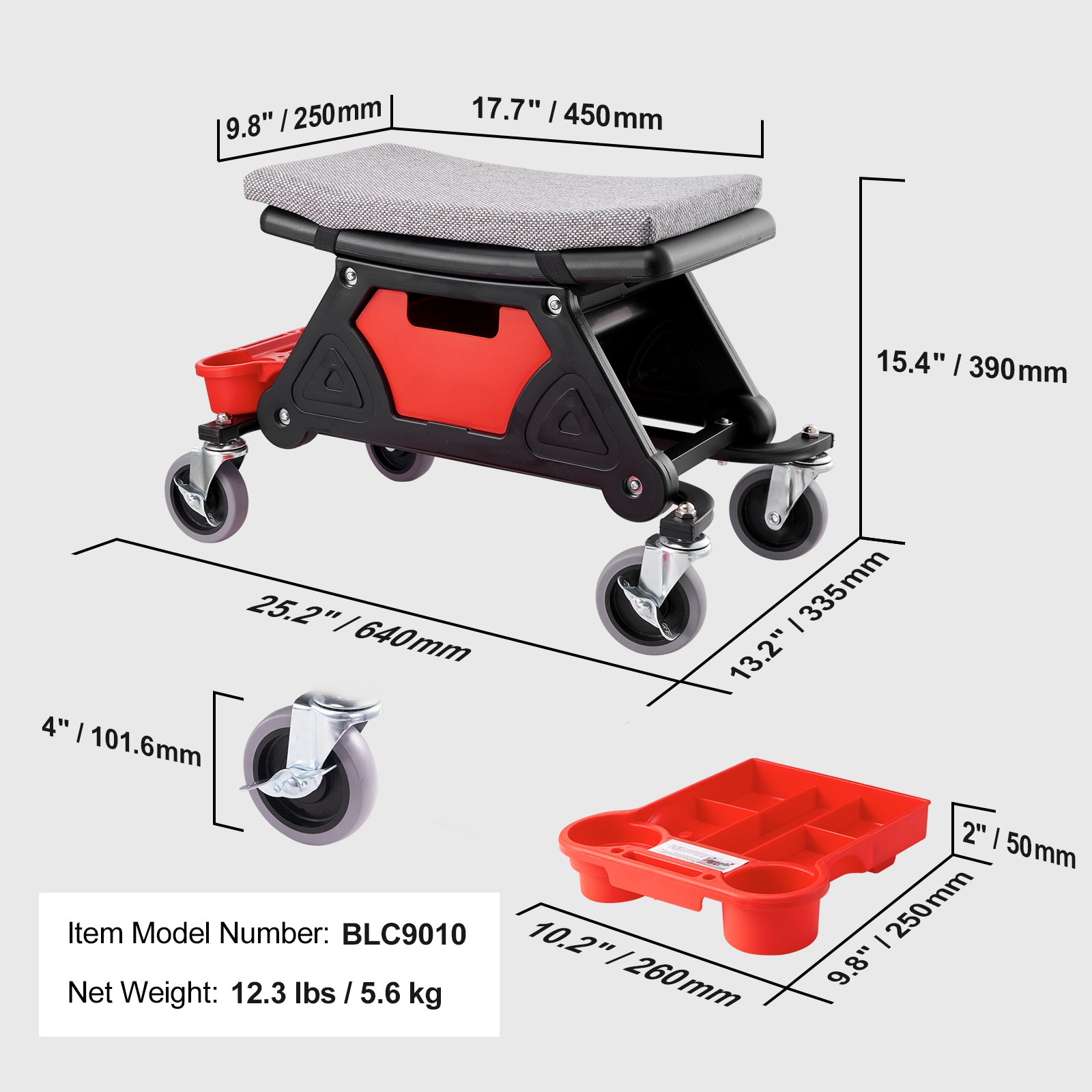 Mechanics Stool, 300 LBS Capacity Rolling Mechanic Seat with 4" Wheels, with Three Slide Out Tool Trays and Drawer, Heavy Duty Roller Creeper Seat for Home Garage DIY Automotive