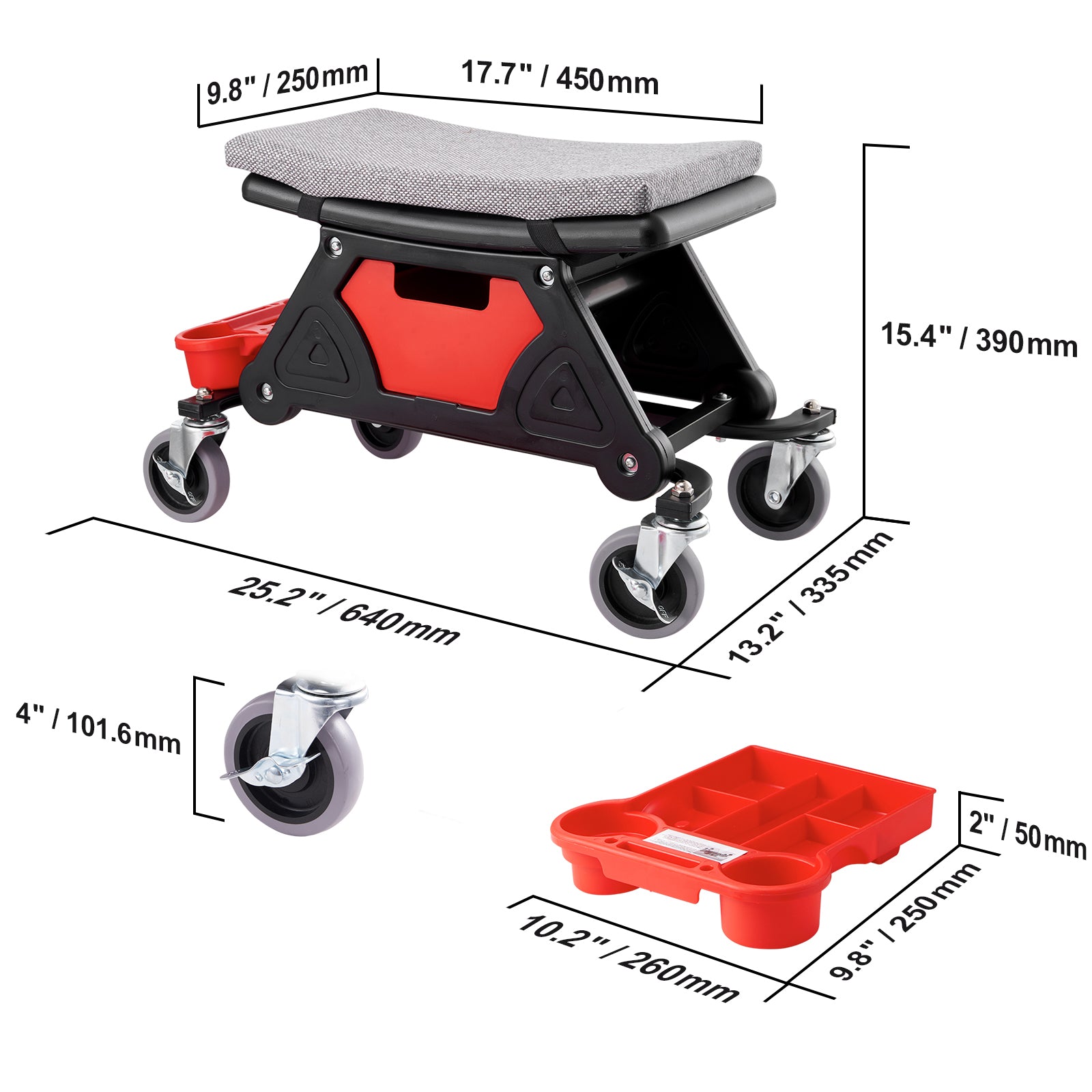 Mechanics Stool, 300 LBS Capacity Rolling Mechanic Seat with 4" Wheels, with Three Slide Out Tool Trays and Drawer, Heavy Duty Roller Creeper Seat for Home Garage DIY Automotive