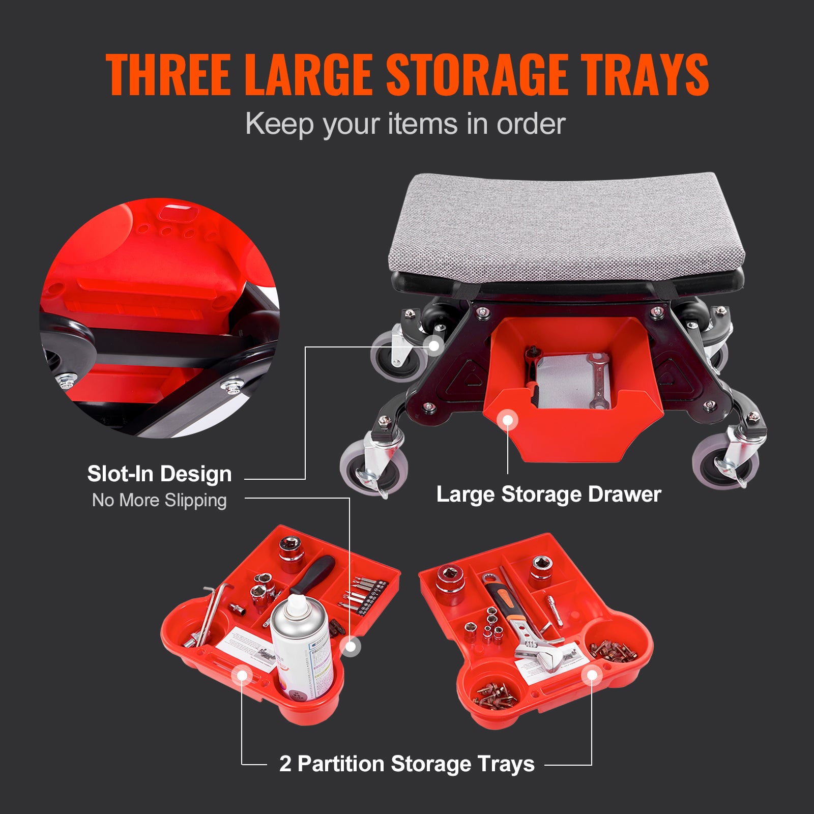 Mechanics Stool, 300 LBS Capacity Rolling Mechanic Seat with 4" Wheels, with Three Slide Out Tool Trays and Drawer, Heavy Duty Roller Creeper Seat for Home Garage DIY Automotive