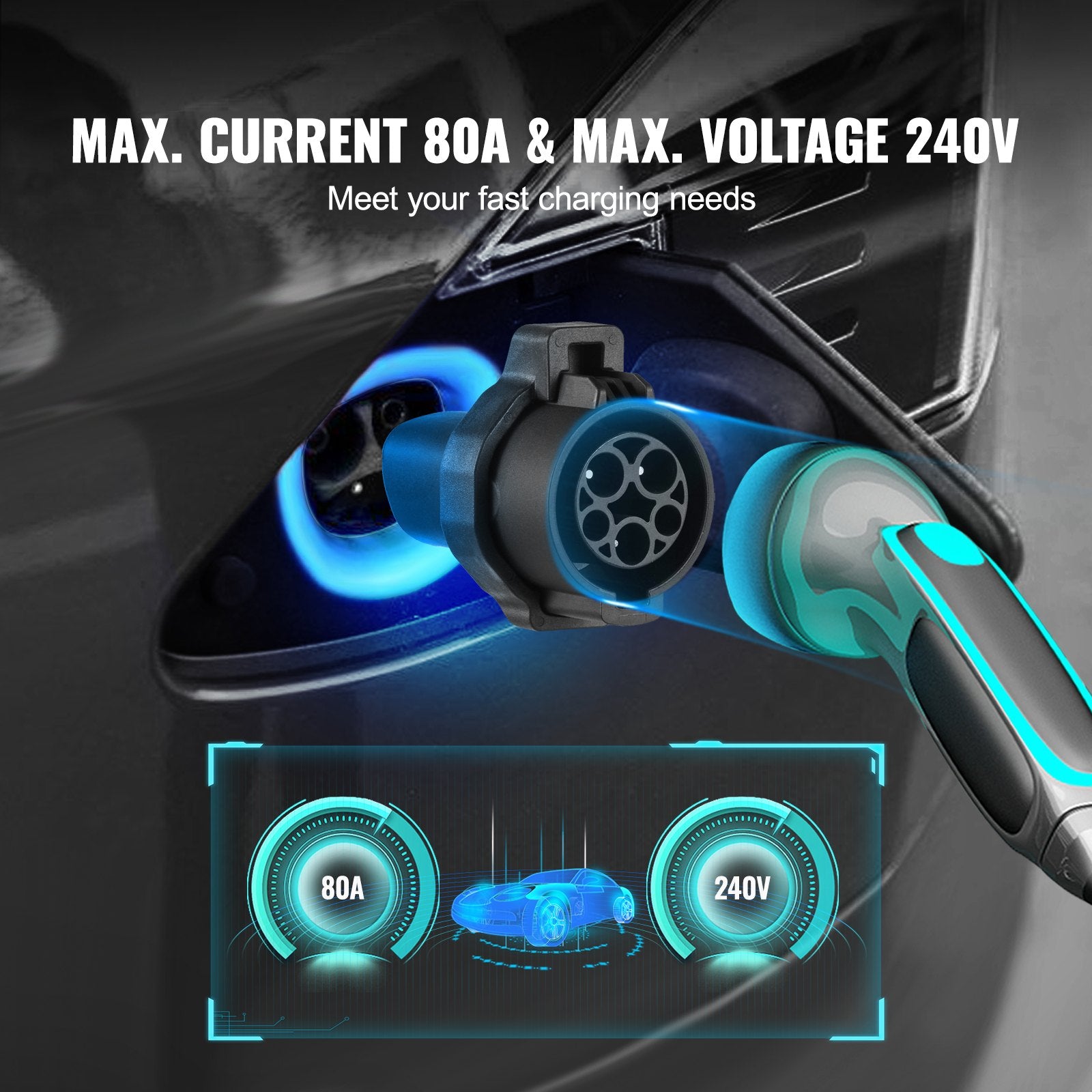 J1772 to Tesla Charger Adapter, 80 Amp 240V AC, SAE J1772 EV, with Storage Bag Anti-Drop Lock IP65 Tested to UL Standards Material, Compatible with Tesla Model 3, Y, S, X