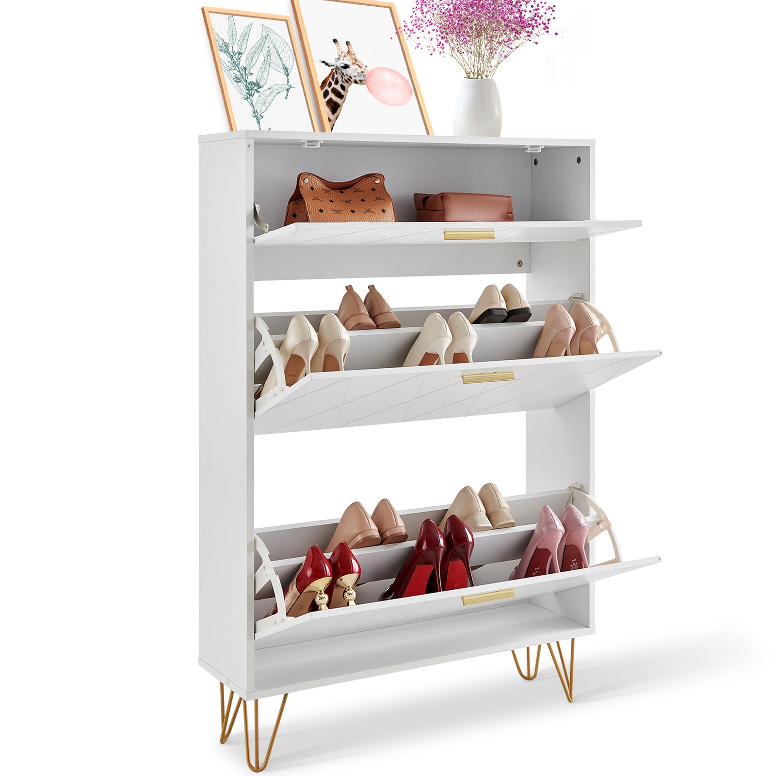 Shoe Cabinet with 3 Flip Drawers, Shoe Storage Cabinet for Entryway, Free Standing Shoe Storage Organizer for Heels, Boots, Slippers in Hallway, Living Room