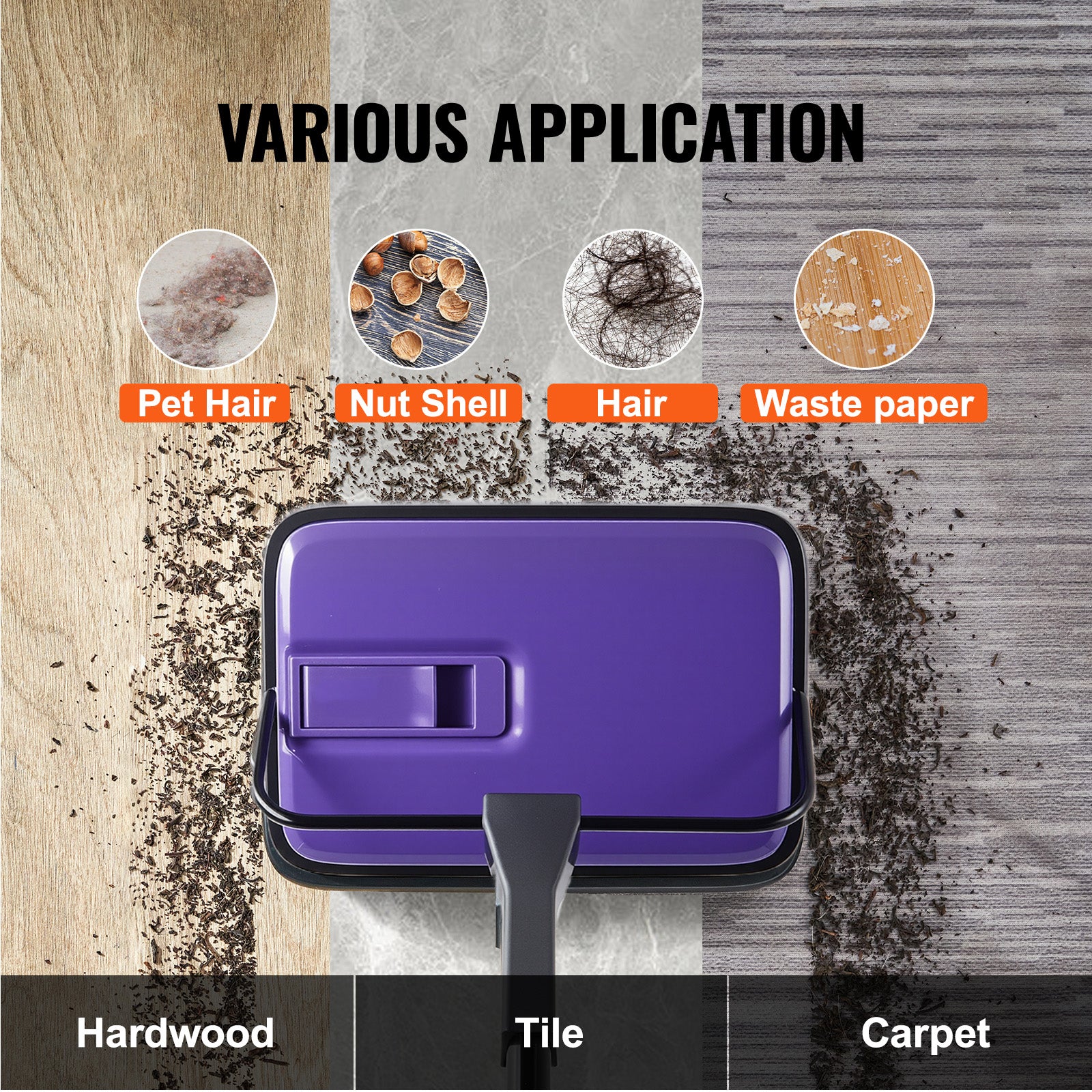 Carpet Sweeper Manual, Floor Sweeper with 300 ml Dustbin Capacity Easy to Empty, 6.7 inch Cleaning Width for Home Office Carpets Pet Hair Dust, Purple