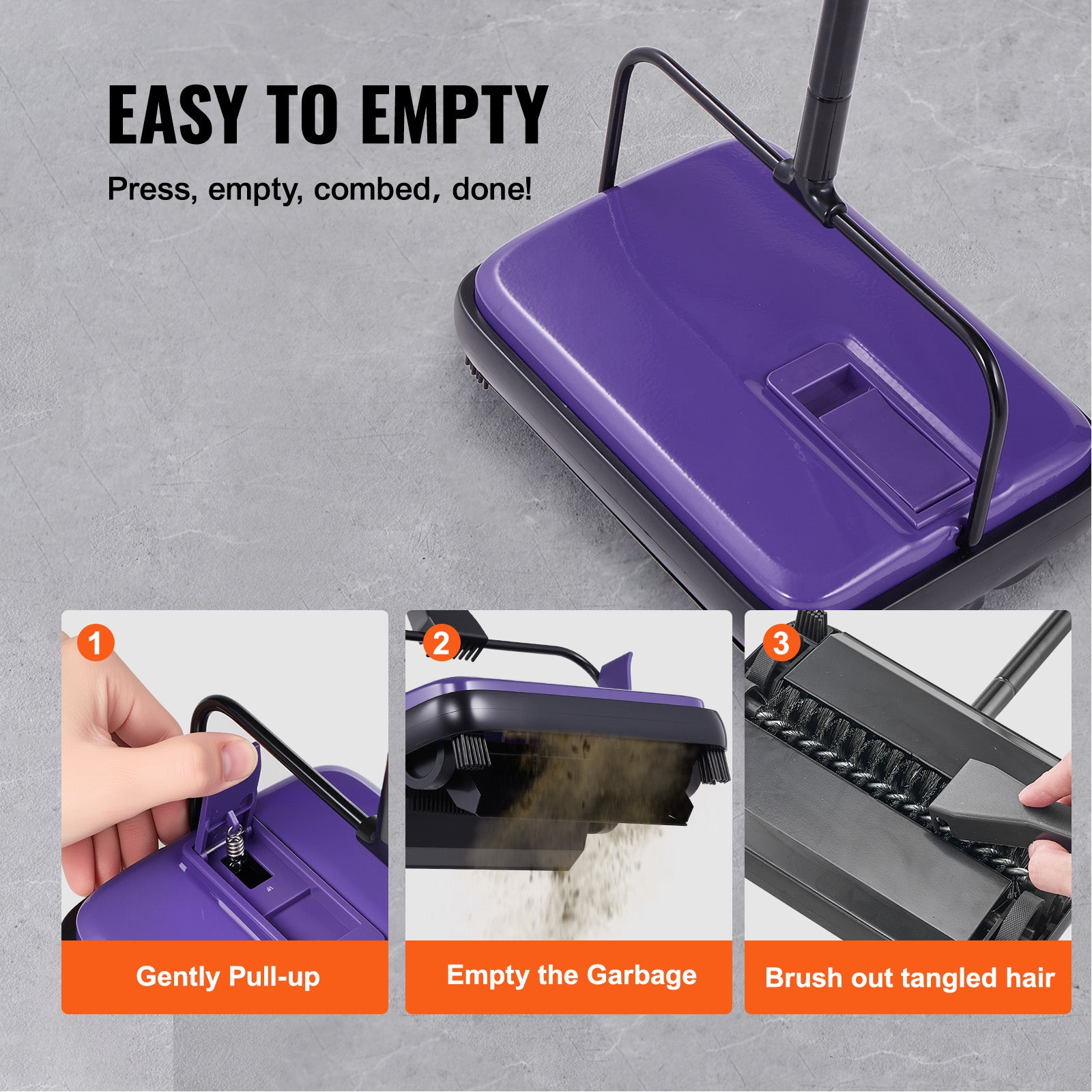 Carpet Sweeper Manual, Floor Sweeper with 300 ml Dustbin Capacity Easy to Empty, 6.7 inch Cleaning Width for Home Office Carpets Pet Hair Dust, Purple