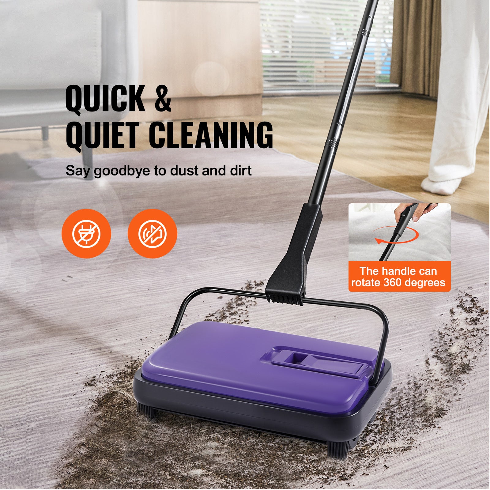 Carpet Sweeper Manual, Floor Sweeper with 300 ml Dustbin Capacity Easy to Empty, 6.7 inch Cleaning Width for Home Office Carpets Pet Hair Dust, Purple