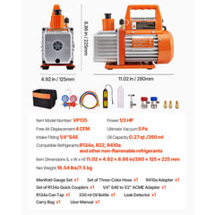 4 CFM 1/3 HP HVAC Single Stage Rotary Vane Vacuum Pump and Manifold Gauge Kit