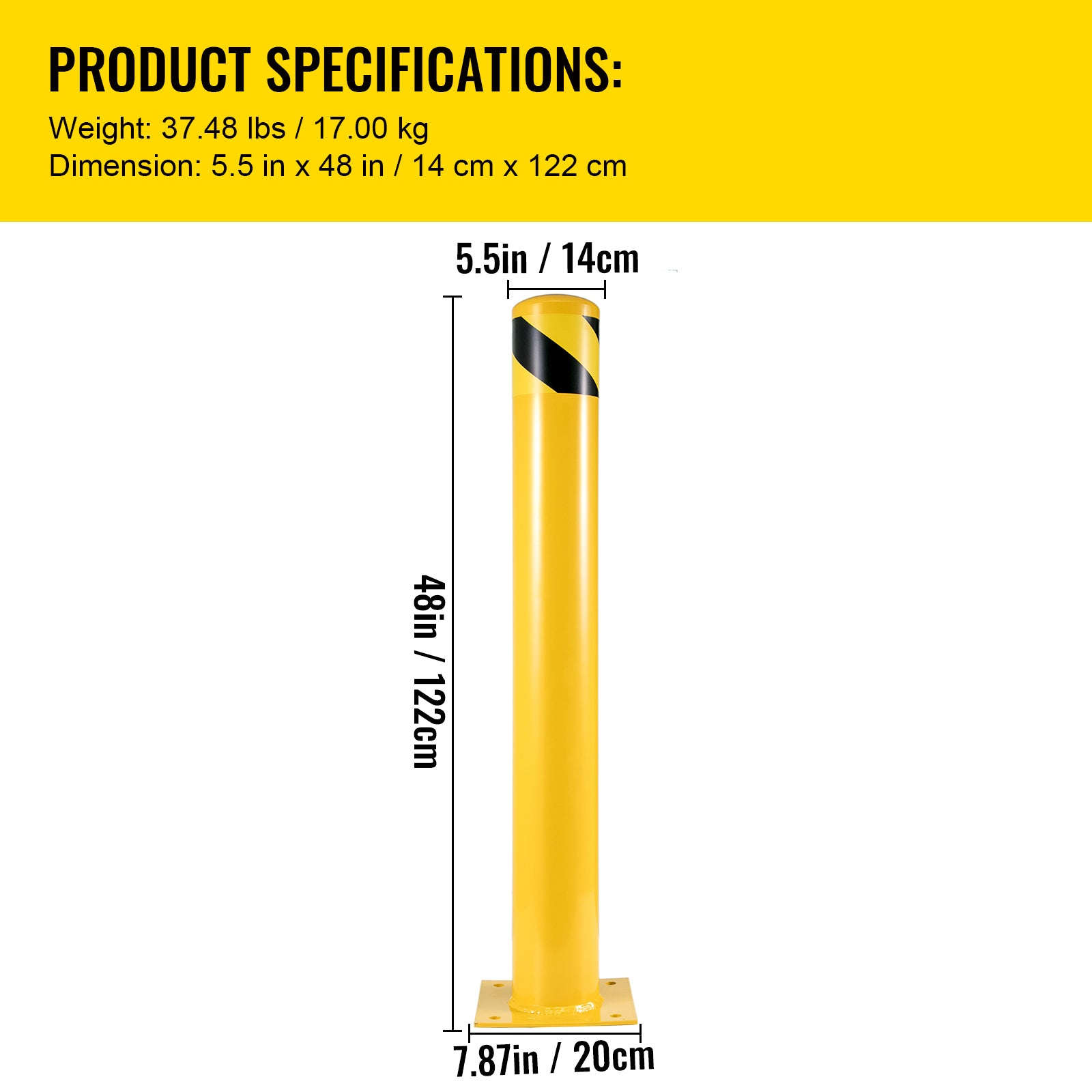 Safety Bollard, 48 Inch Height Bollard Post, 5.5 Inch Diameter Steel Pipe Safety Bollard Post, Yellow Steel Bollard, Steel Safety Bollard with 8 Anchor Bolts, Perfect for Traffic-Sensitive Area