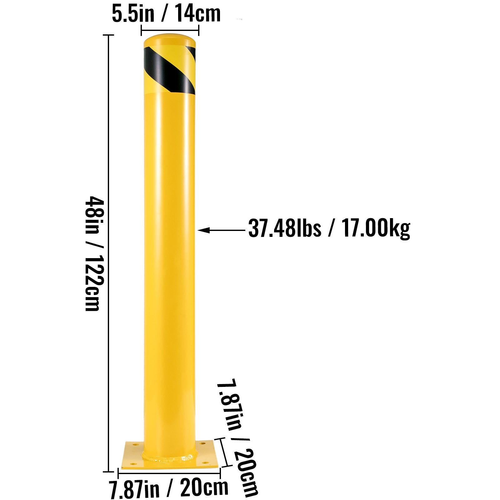 Safety Bollard, 48 Inch Height Bollard Post, 5.5 Inch Diameter Steel Pipe Safety Bollard Post, Yellow Steel Bollard, Steel Safety Bollard with 8 Anchor Bolts, Perfect for Traffic-Sensitive Area