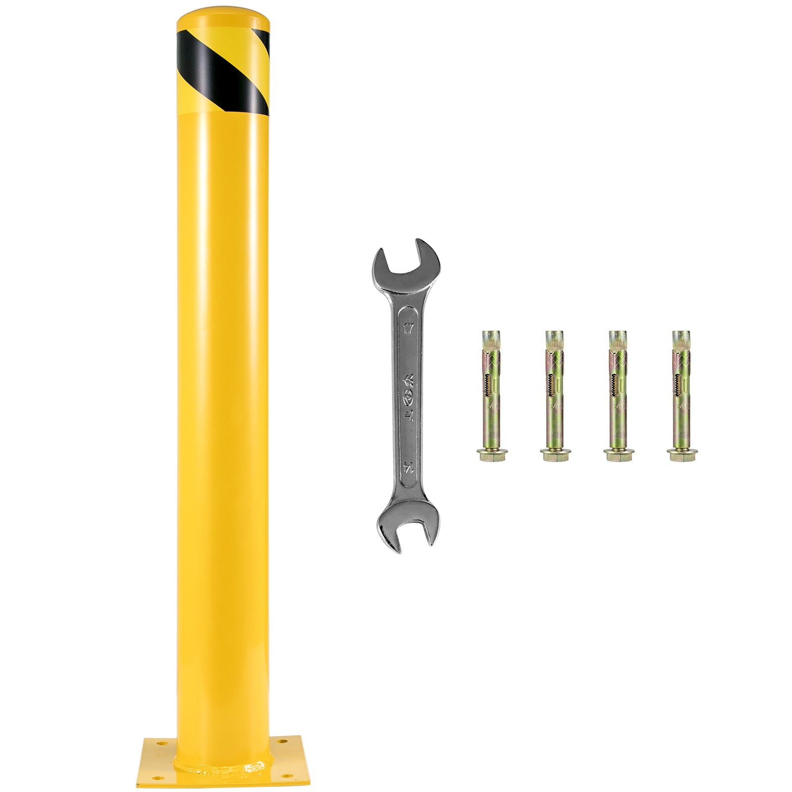 Safety Bollard, 48 Inch Height Bollard Post, 5.5 Inch Diameter Steel Pipe Safety Bollard Post, Yellow Steel Bollard, Steel Safety Bollard with 8 Anchor Bolts, Perfect for Traffic-Sensitive Area