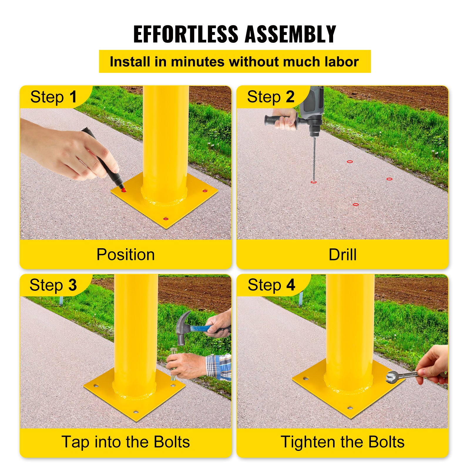 Safety Bollard, 48 Inch Height Bollard Post, 5.5 Inch Diameter Steel Pipe Safety Bollard Post, Yellow Steel Bollard, Steel Safety Bollard with 8 Anchor Bolts, Perfect for Traffic-Sensitive Area