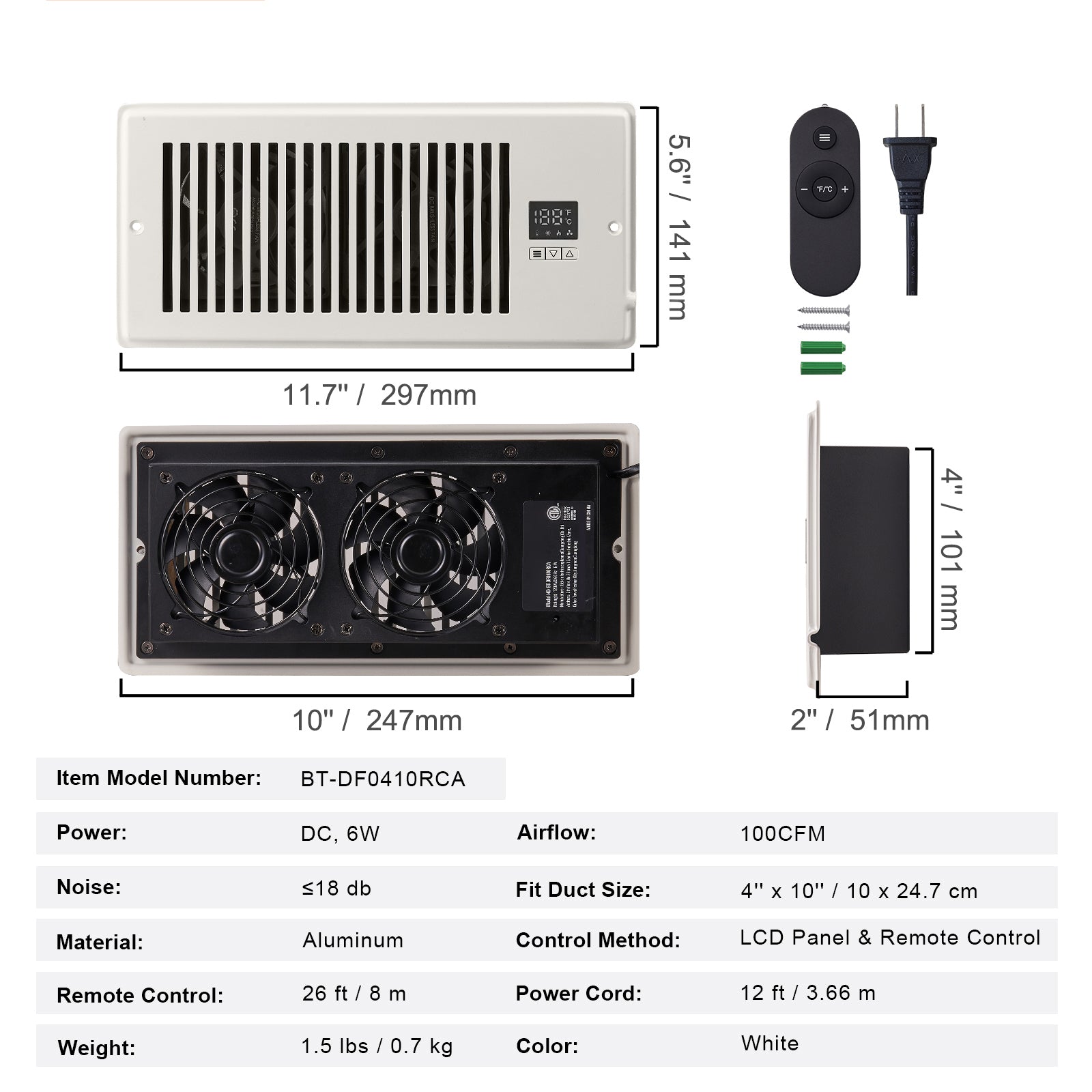 Quiet Vent Booster Fan, Fits 4-Inch by 10-Inch Vent Openings, with Remote Control and Thermostat Control, Adjustable Speed for Heating and Cooling Smart Ventilation Systems, White