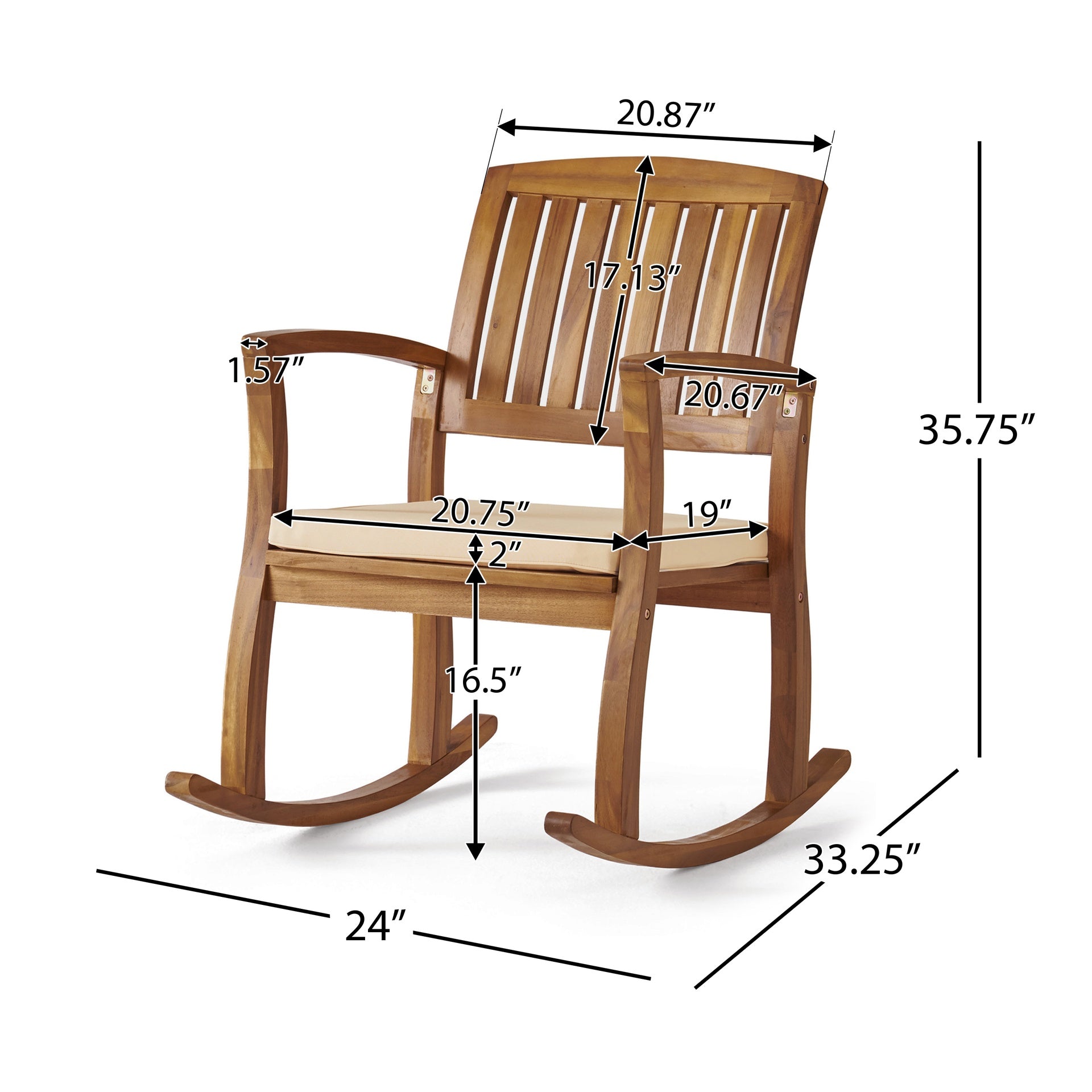 Acacia Wood Patio Outdoor Rocking Chair with cushions for Garden, Lawn, Backyard, Pool,